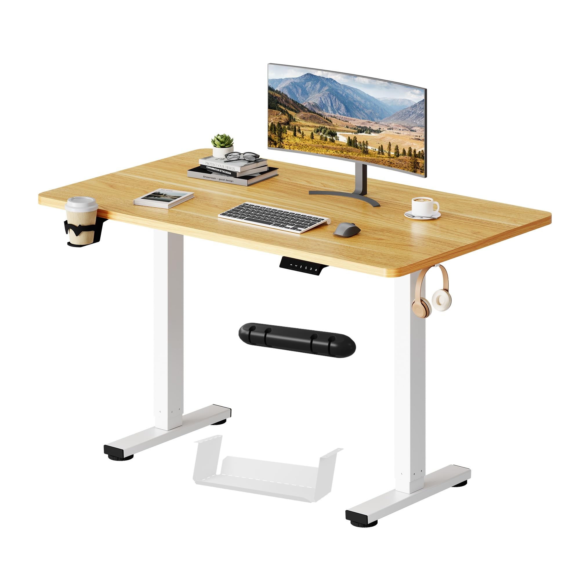 SANODESK Bureau Assis Debout Électrique Plateau Complet, Bureau Debout Réglable en Hauteur avec Système Anti-Collision,110x54cm,Fonction Mémoire 4 Hauteurs, Passe-câbles et Boîte de Rangement, Érable