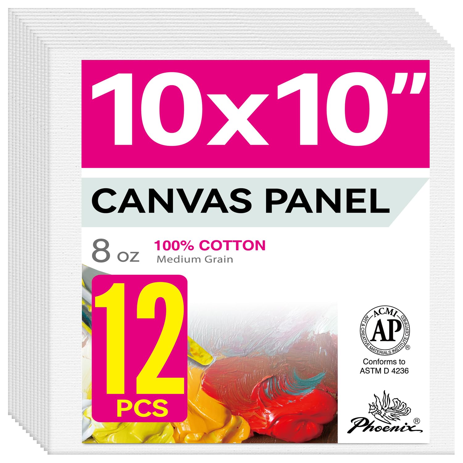 PHOENIX Painting Canvas Panels 10x10 Inch, 12 Value Pack - 8 Oz Triple Primed 100% Cotton Acid Free Square Canvas Boards for Painting, White Blank Flat Canvas Boards for Acrylic, Oil Paints