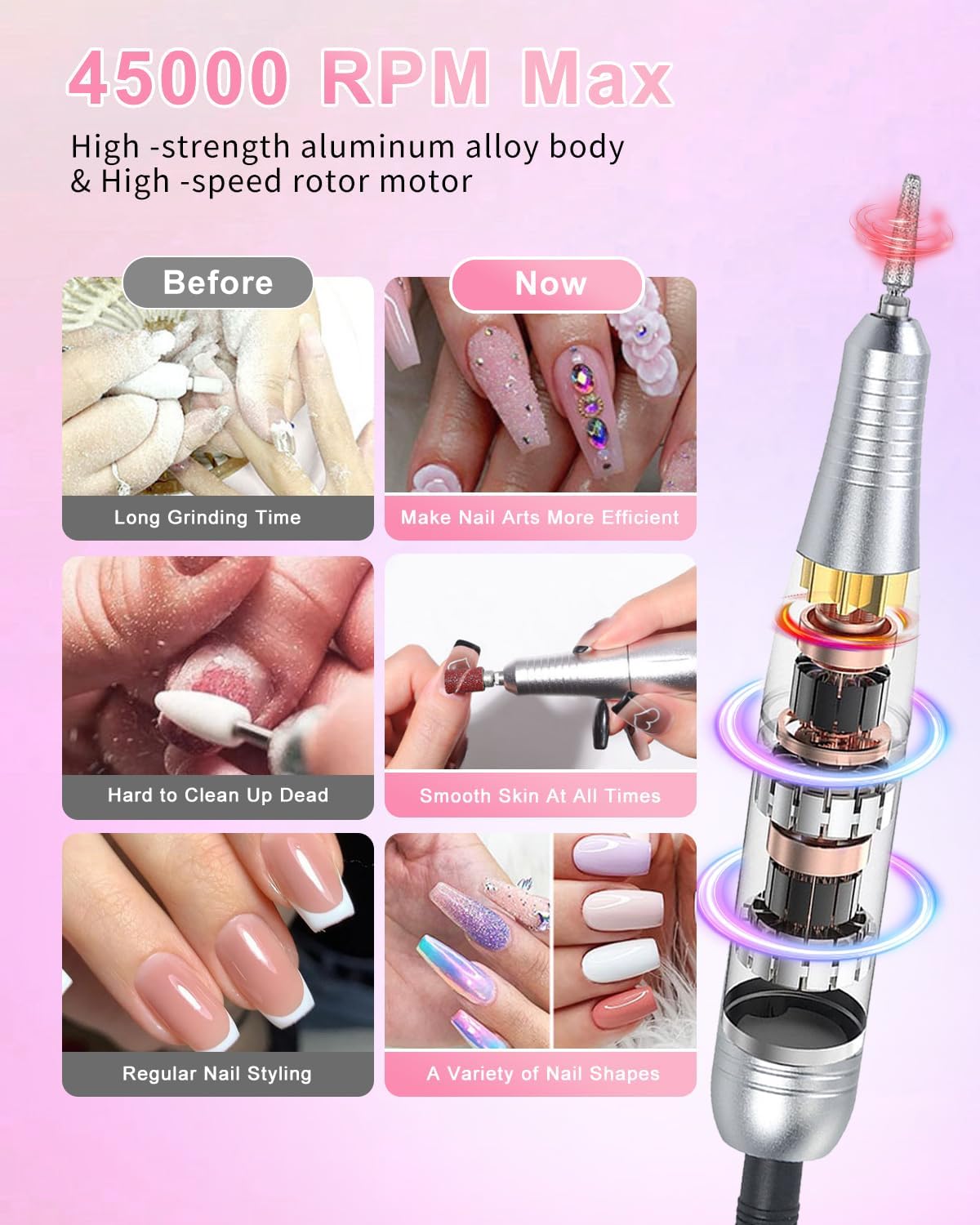 Trapano per unghie senza fili professionale: 45000 giri/min, kit di lima elettrica ricaricabile per unghie, portatile e a basso rumore, per unghie acriliche, gel, manicure e pedicure, salone e uso