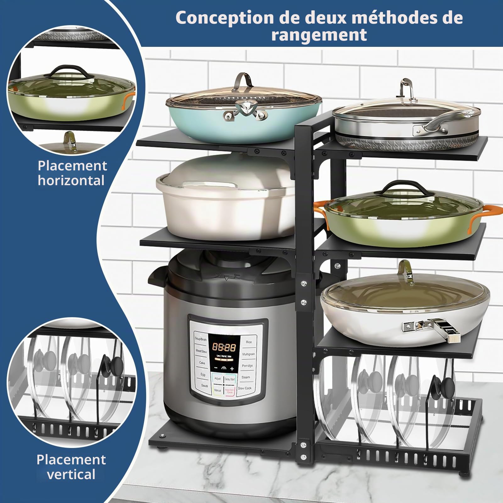 Organiseur de casseroles 6 + 1 niveaux réglables et robustes pour armoire, plusieurs modes d'utilisation, support de casseroles et poêles pour comptoir de cuisine et armoire