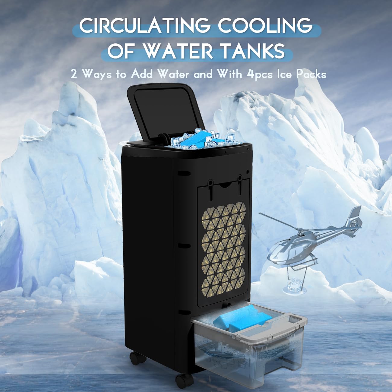 Raffreddatore d'Aria evaporativo Portatile, 3-in-1 Ventilatore e umidificatore con Sacchetti di Ghiaccio.4 modalità, 3 velocità, Timer 12H & Avviso Senza Acqua.Raffreddamento Silenzioso per L'Ufficio