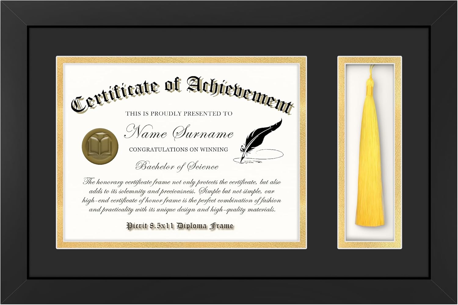 Picrit 11x17 Wood Diploma Frame with Tassel Holder for 8.5x11 Certificate/Degree Document with Tempered Glass, Black over Gold Mat Black 11x17.5?Diploma + Tassel?