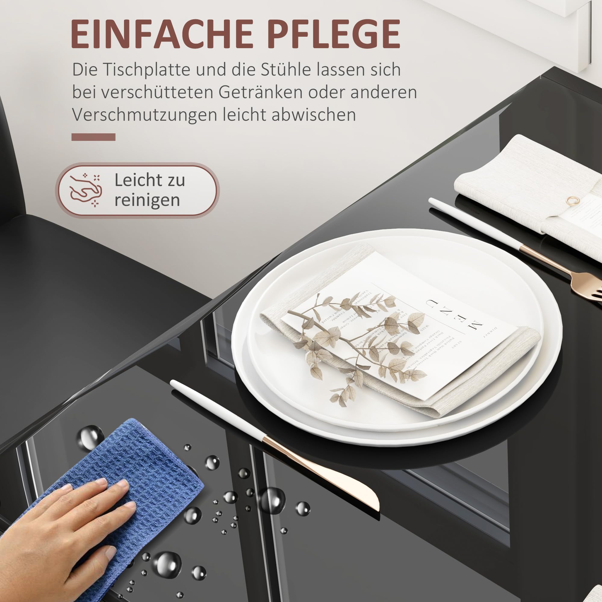 HOMCOM Essgruppe Esstisch mit 2 Stühlen Platzsparend Esszimmergruppe Sitzgruppe, Tischplatte aus Sicherheitsglas, Kunstleder Küchentisch-Set für Esszimmer, Küche Schwarz