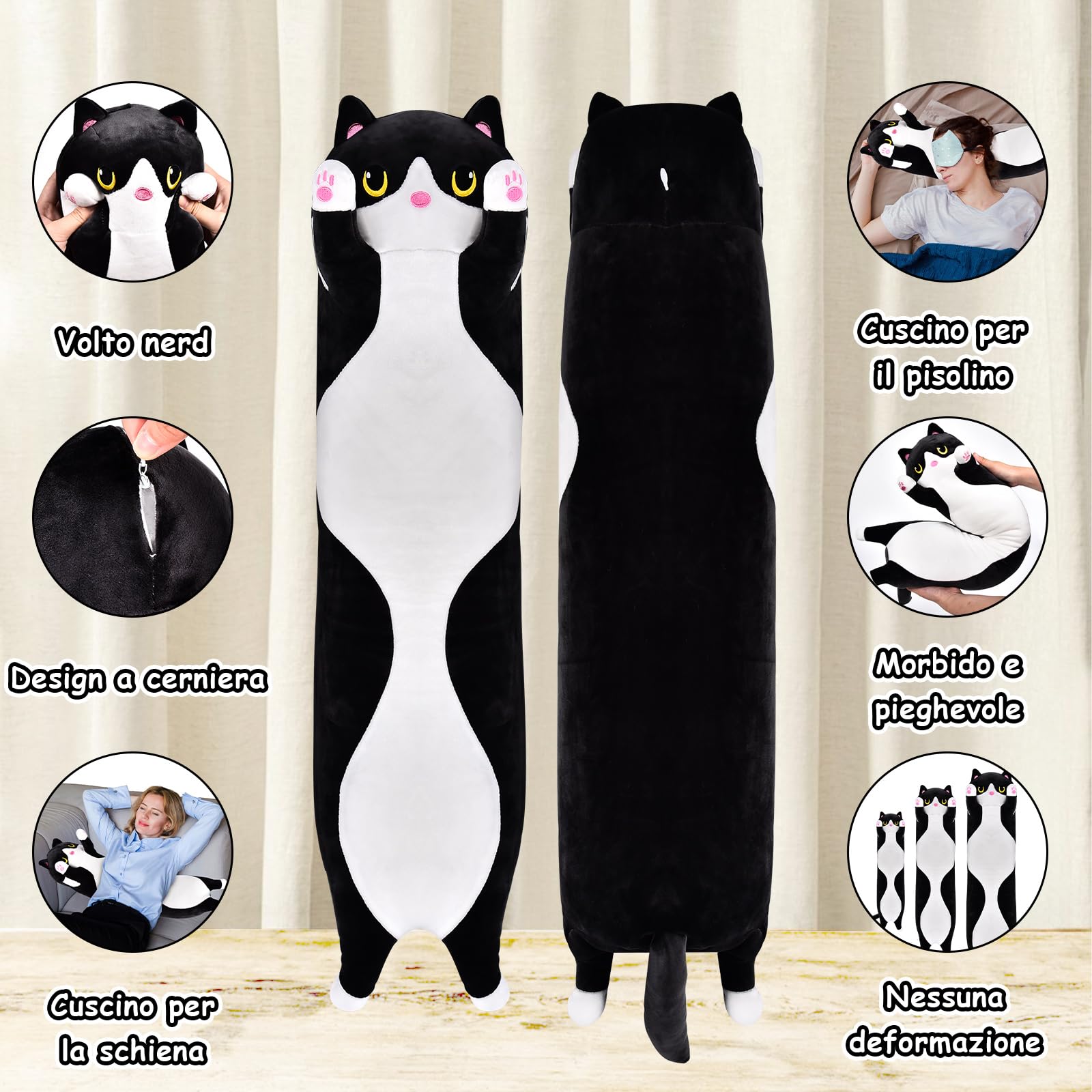 Aragallant Cuscino Gatto Lungo, Peluche Cuscino Lungo, Cuscino Peluche Gatto Morbido adatto ai bambini a partire dai 3 anni, Regali di Natale e compleanno per bambini (Nero, 70CM)