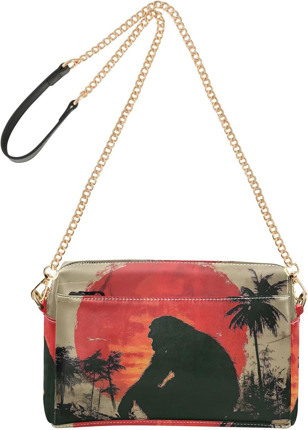 Women Crossbody Bag Shoulder Handbag Cellphone Purse PU Leather Metal Chain Strap Water Resistant Zipper Closure Silhouettes Sasquatch Sun Print