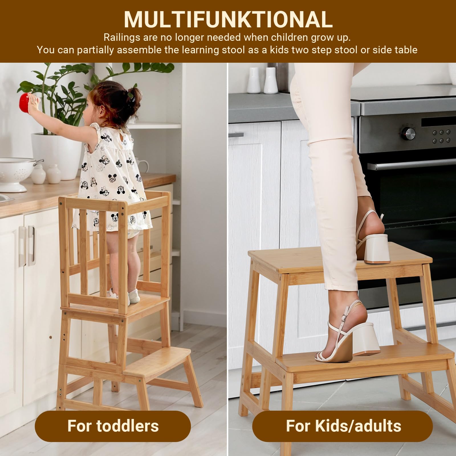 Tour D'observation Montessori Onasti Réglable (2-3 Marches), Pliable, Barre De Sécurité - Pour Cuisine & Salle De Bain (rose)