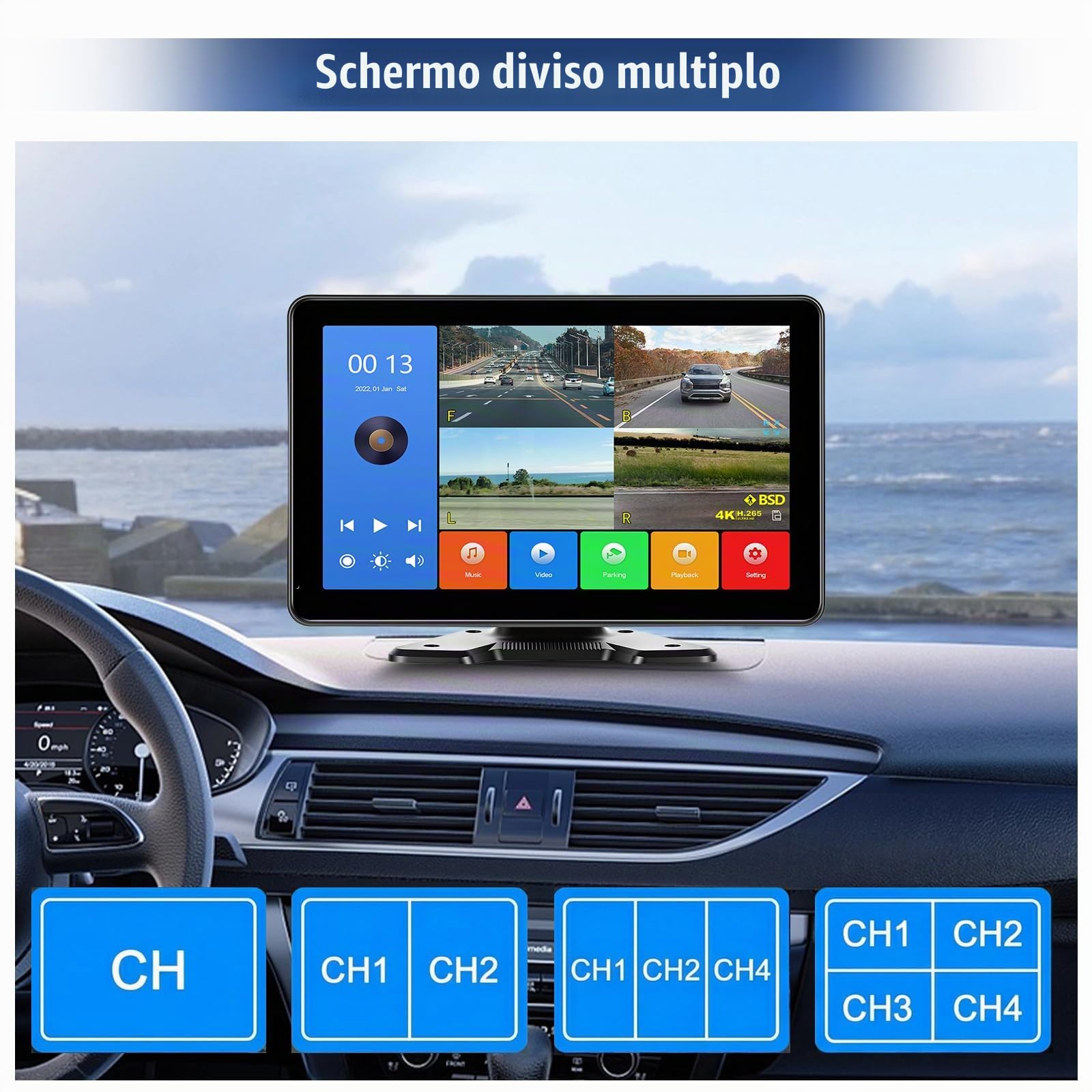 Telecamera Posteriore Set di 4 Telecamere Cablate, Monitor IPS HD da 10,1 Pollici 4K DVR con BSD, Impermeabile IP68, Registrazione, Monitoraggio del Parcheggio, Linee di parcheggio, 12V-24V