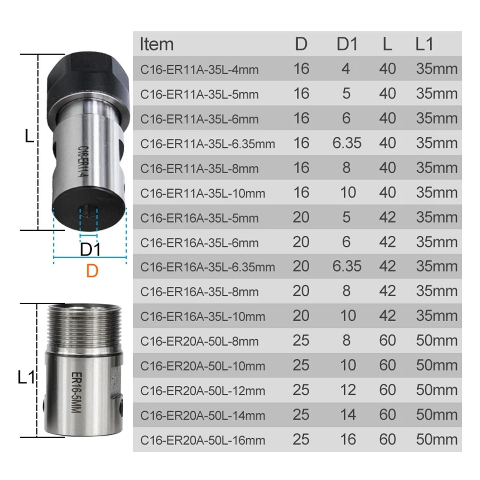 Przedłużacz wrzeciona CNC, uchwyt tokarski, 1 sztuka, ER11 ER16 ER20, tuleja zaciskowa, narzędzia, przedłużacz wrzeciona 4 mm-16 mm (C25-ER20A-50L-10MM)