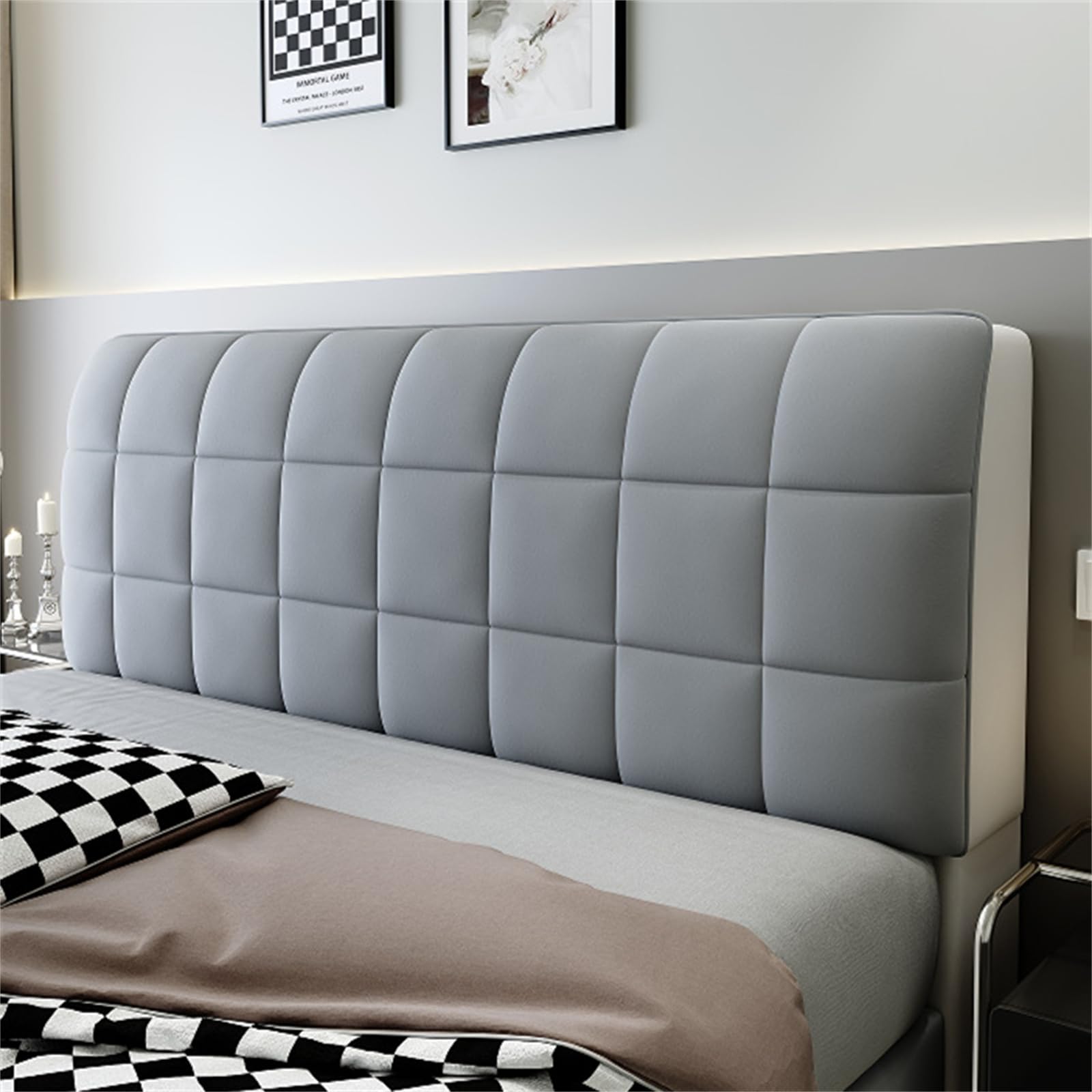 Hearda Elástica Funda para Cabecero de Cama,Cabecera Cuadros Terciopelo, Todo Incluido Prueba de Polvo Cabecero, Protector de Cabecero Cama para Decoración Dormitorio (Gris,150cm)