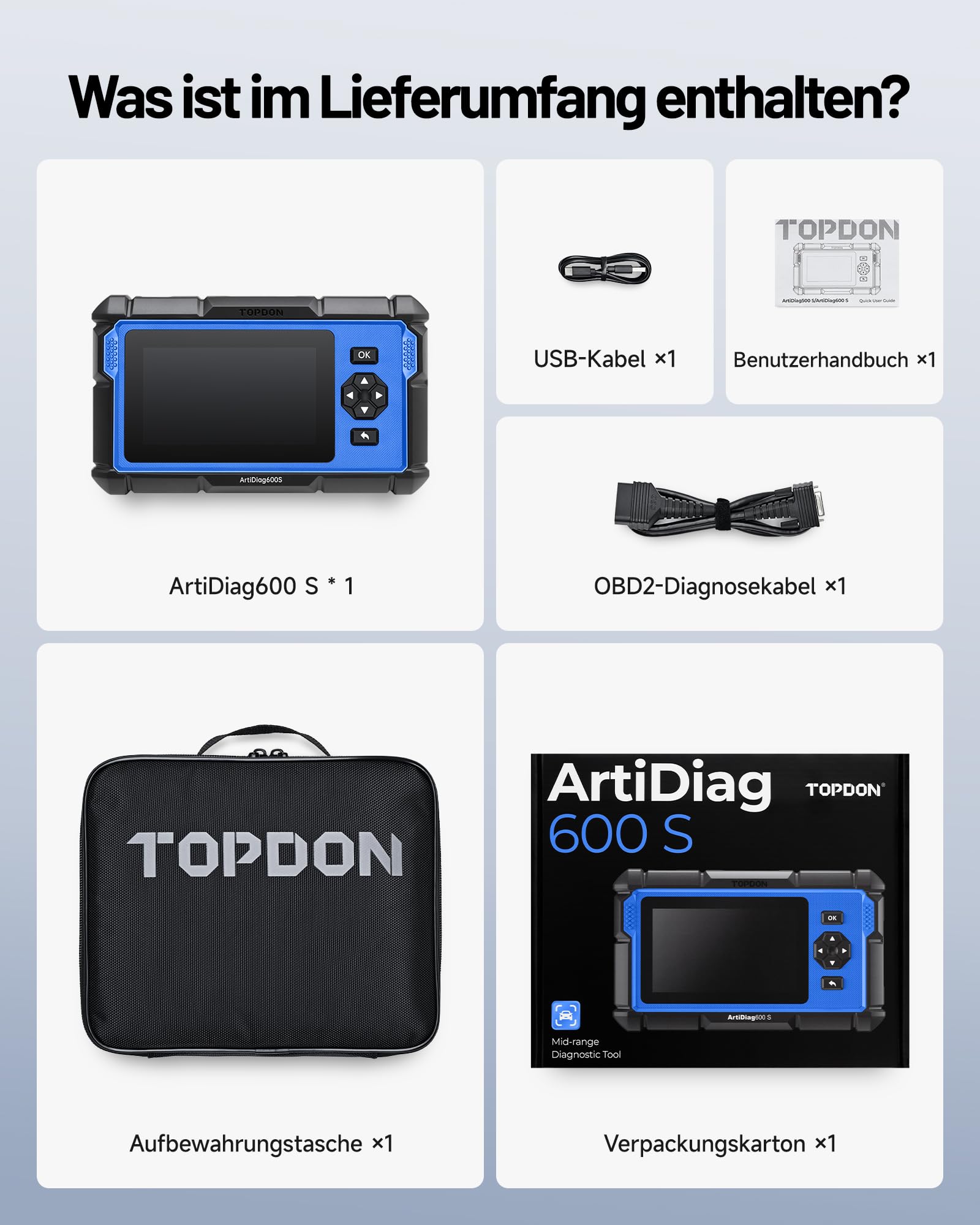 TOPDON ArtiDiag600S OBD2 Diagnosegerät, Diagnosegerät für 4 Systeme Motor/ABS/Airbag/AT, 9 Reset Funktionen auf Öl/Bremse/SAS/BMS/ABS/DPF/TPMS/Drosselklappe volle OBD2 Funktionen, lebenslanges Update