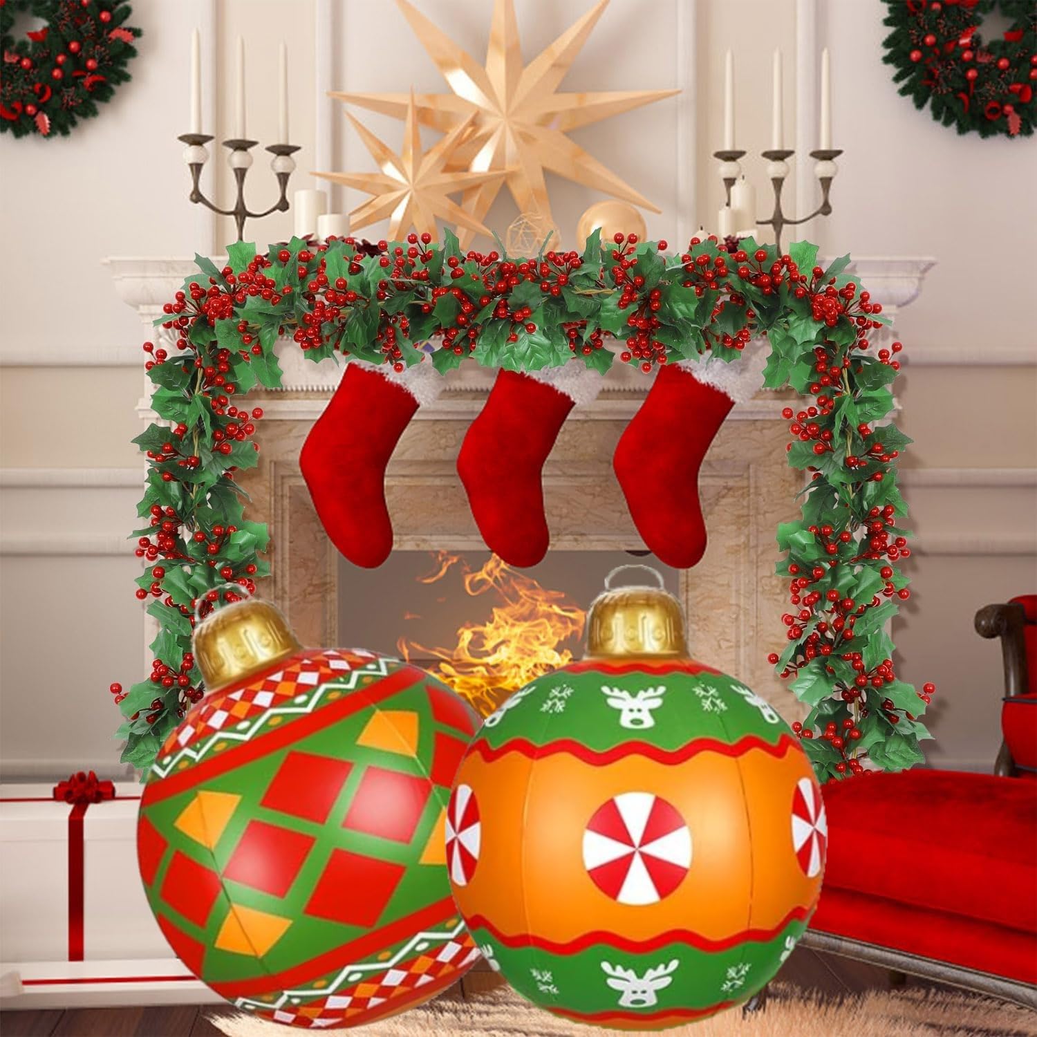 KAHEIGN 2 Stuks Grote Opblaasbare Kerstballen, 60 CM Rode Groene Opblaasbare Decoratiebal PVC Opblaasbare Vakantie-ornament voor Kerstdecoratie Binnen Buiten Thuis Tuin Gazon Terras Balkon