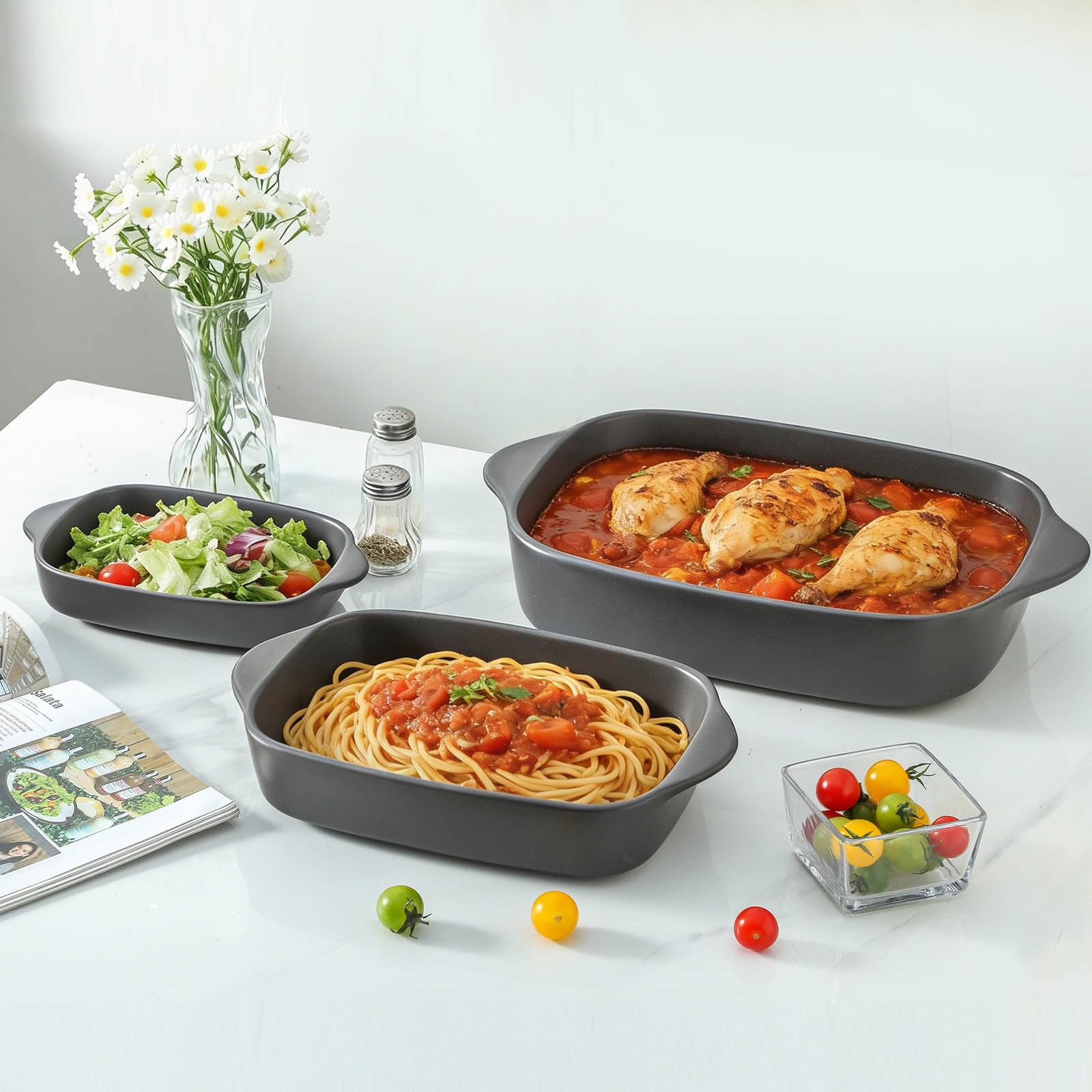Set di 3 pirofile per forno, teglie da forno in gres, teglia da forno in ceramica, teglia rettangolare profonda per lasagne, set da forno per regali di Natale, (37,8 cm/30,5 cm/22,4 cm), nero