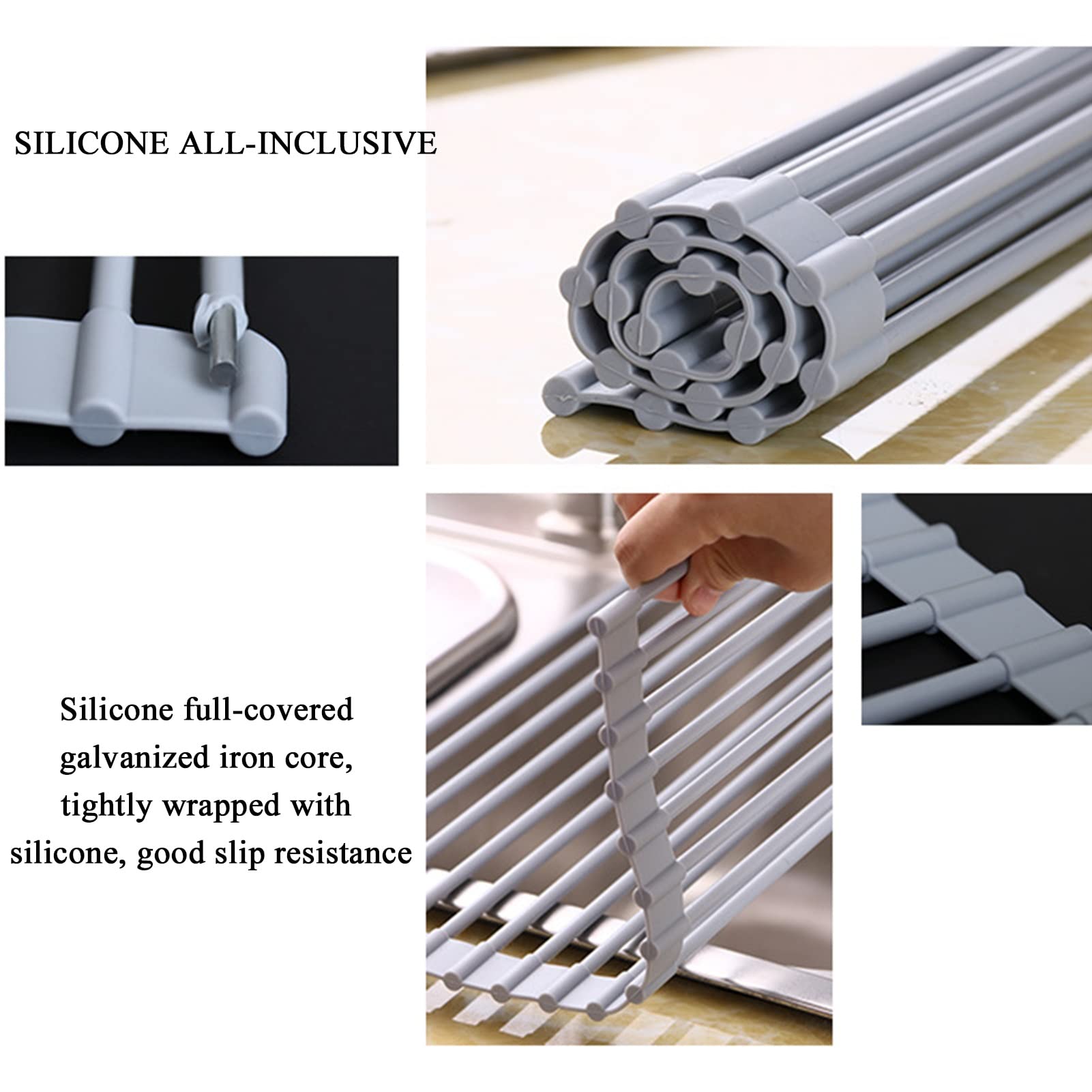 Escurridor plegable de silicona y acero inoxidable para fregadero de cocina ajustable (33 52 x 24 24,5 cm)