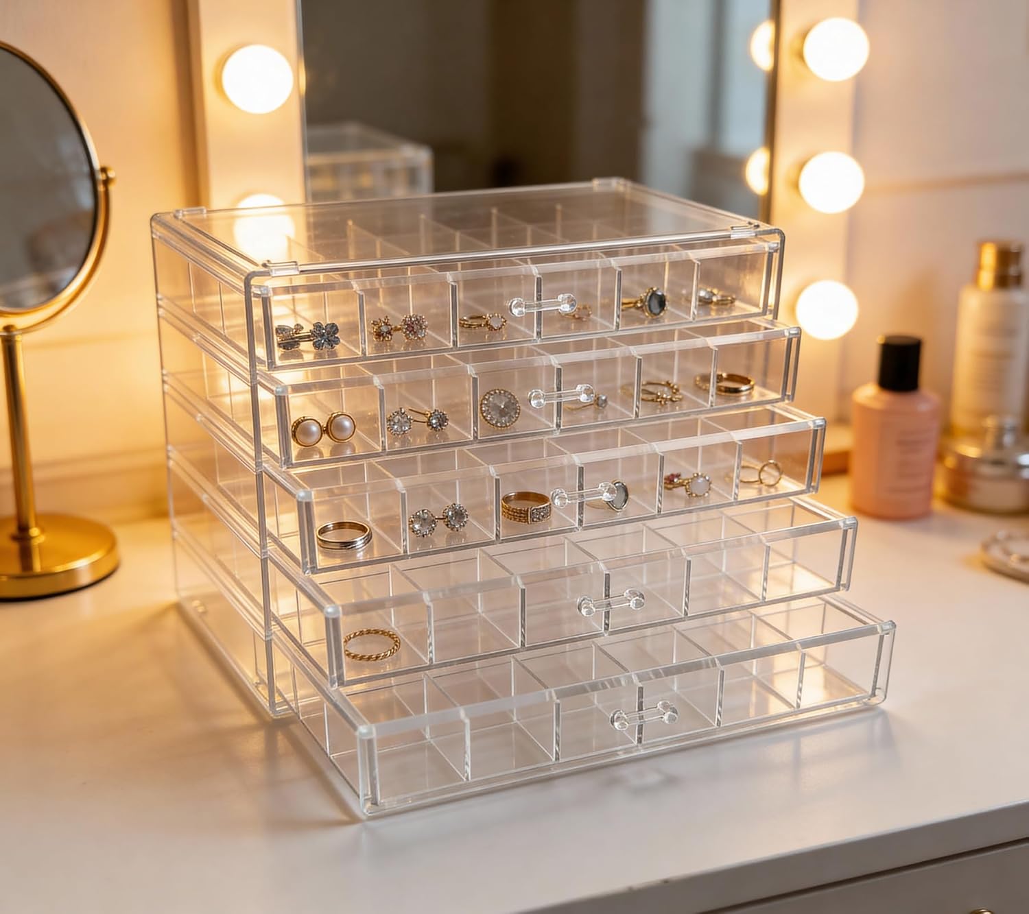 Acrylic Transparent Earrings Jewelry Organizer with 5 Drawers 120 grids, Stackable Necklace Rings Display Storage Case Box Holder, Clear
