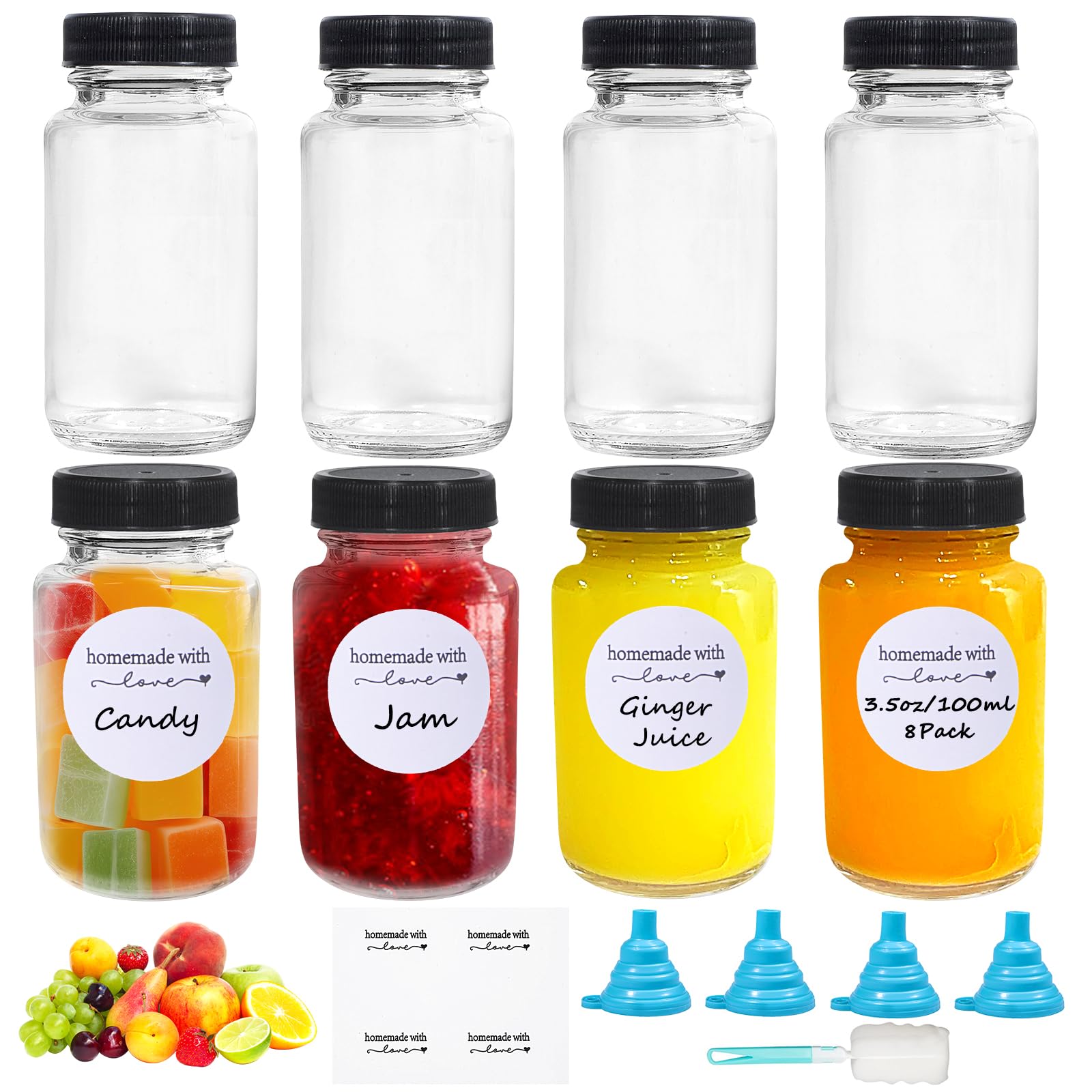 Amentalove 8 Pcs Glass Shot Bottles with Lids, 3.5oz /100 ml Glass Juice Bottles with Wide Mouth, Reusable Small glass Bottle with Labels Funnel, Small Jars with Lids for Ginger Juice Milk