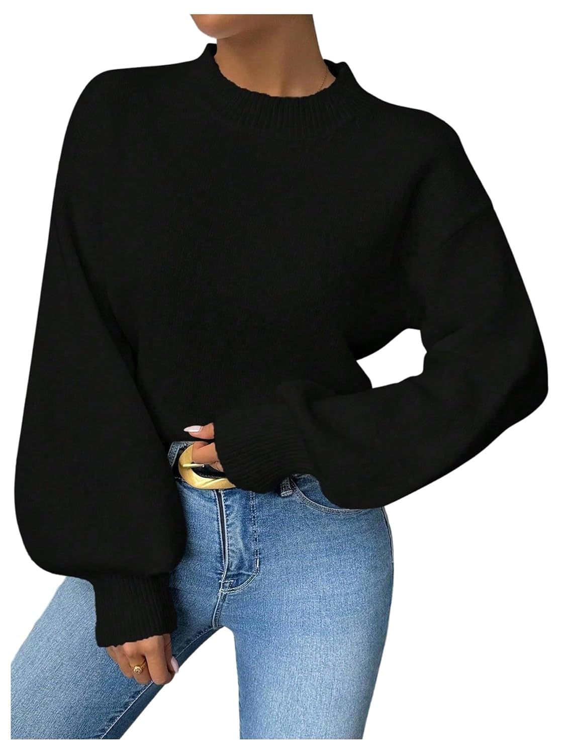 SweatyRocks Womens Mock Neck Pullover Sweater Lantern Long Sleeve Ribbed Knit Sweater