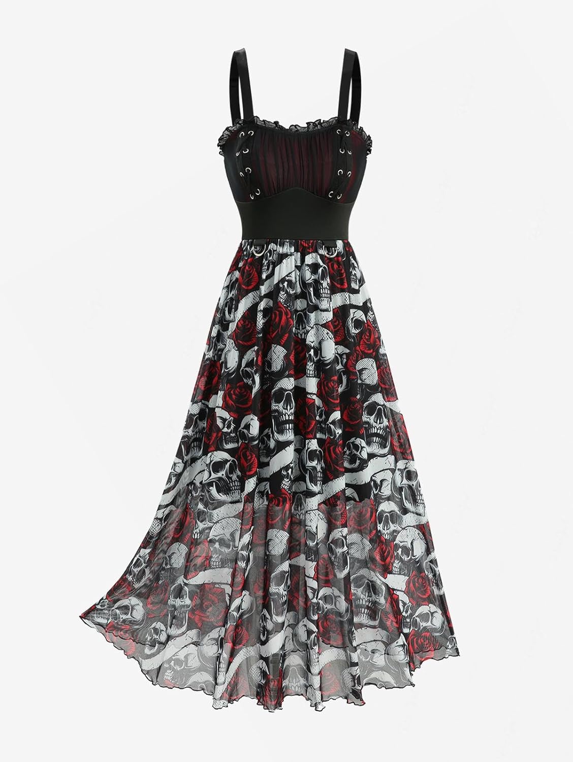 DRESSFO Women Gothic Skull Rose Dress Grommet Lace Up Ruched Ruffles A-Line Tank Midi Dress