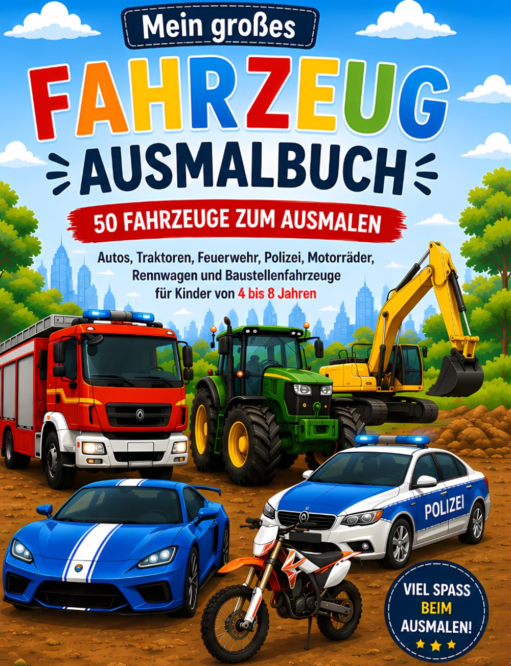 Mein großes Fahrzeug-Ausmalbuch - 50 Fahrzeuge zum Ausmalen: Autos, Traktoren, Feuerwehr, Polizei, Motorräder, Rennwagen und Baustellenfahrzeuge für Kinder von 4 bis 8 Jahren