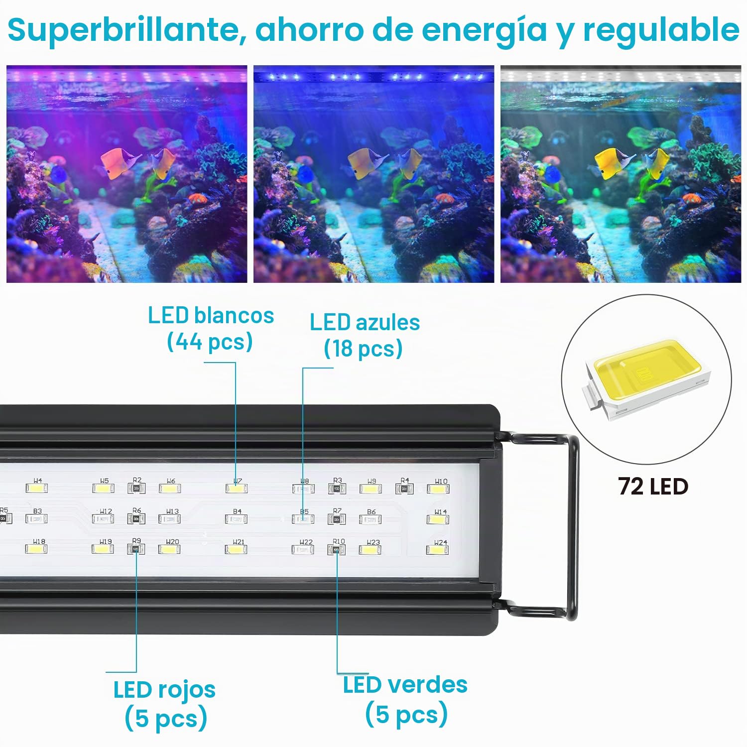 Iluminación LED Acuario, 28W Regulable RGB Luz Acuario con Temporizador para 65cm -90cm Acuario, Lámpara Acuario Pecera Planta de Peces con Soporte Ajustable