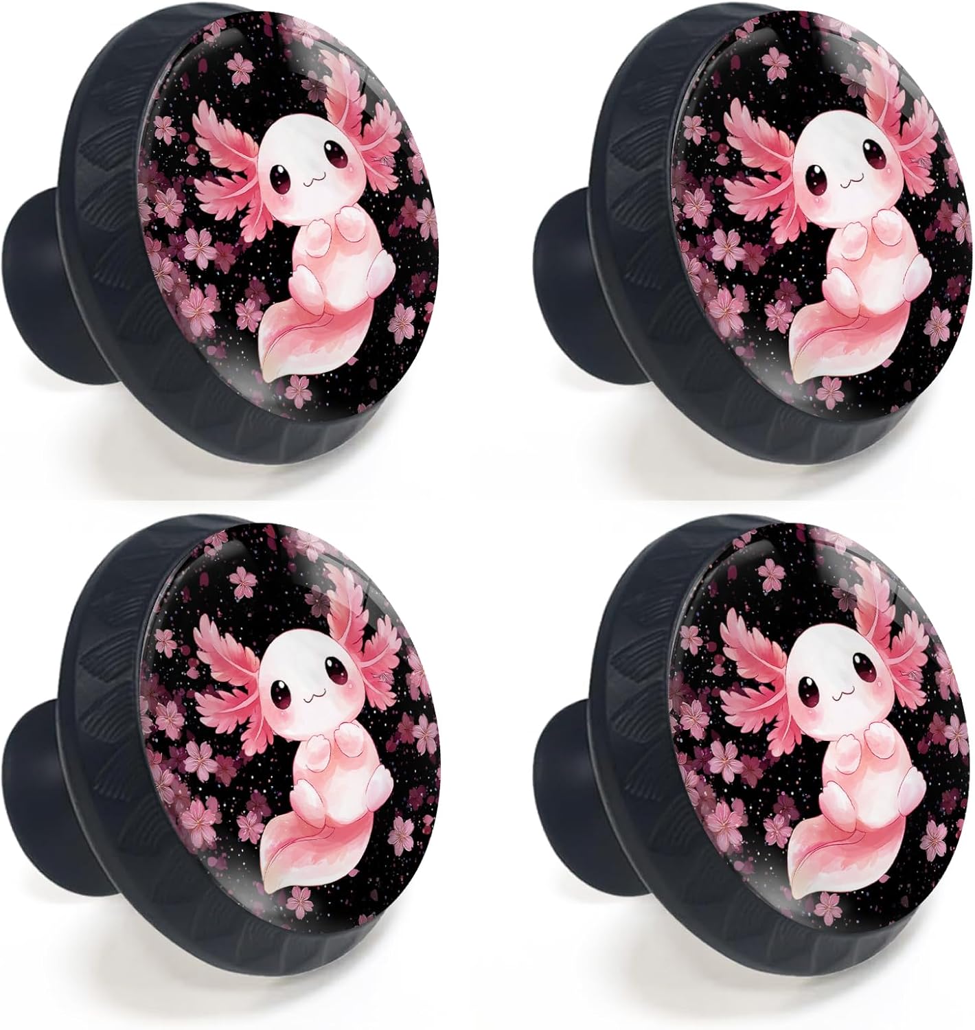 4 Pack Pink Axolotl with Cherry Blossom Cabinet Knobs Round Drawer Pulls Cute Dresser Knob Cupboard Door Handles Hardware for Kitchen Bathroom Cabinets