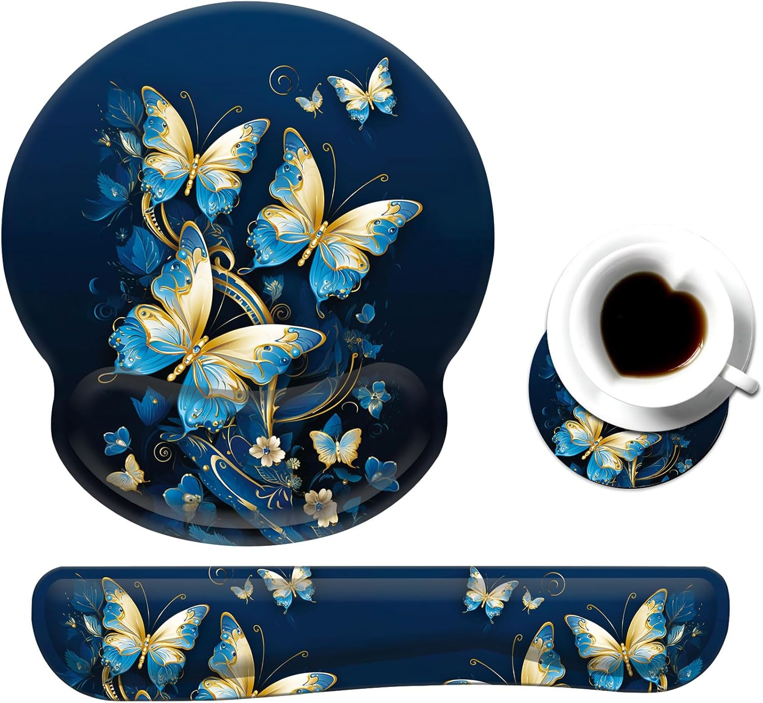 Keyboard Wrist Rest and Mouse Pad Wrist Support Set with Coaster,Ergonomic Mouse Pad,Comfortable for Easy Typing, Pain Relief,Memory Foam Keyboard Pad Set for Laptop Mac,Gold Butterflies