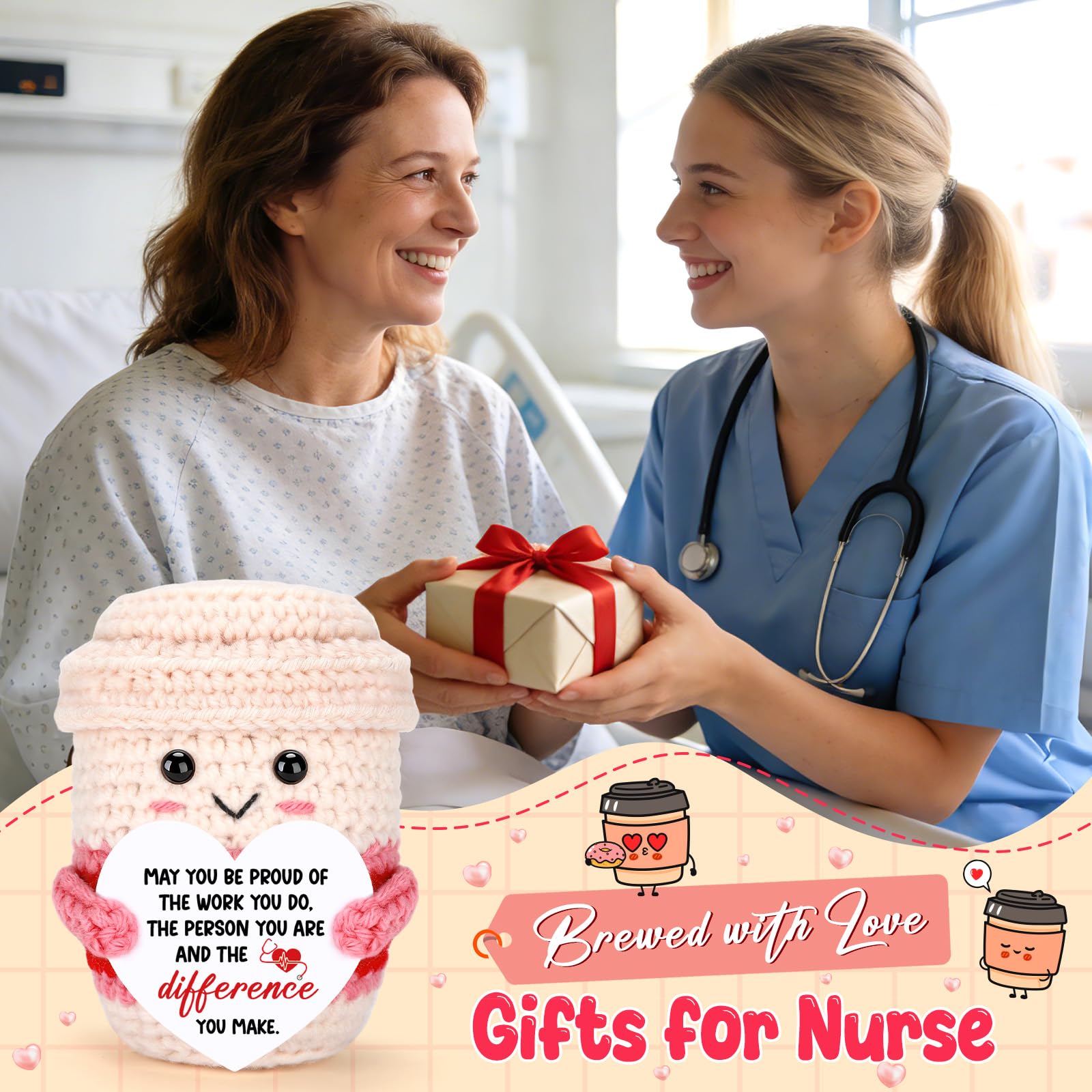 Nurse Week Gifts for Women Female Nurse Appreciation Practitioner RN Nurses Gift 2026 Nursing School Graduation Gifts for Student Preceptor Handmade Crochet Pink Coffee Mug for Mom Sister Friend