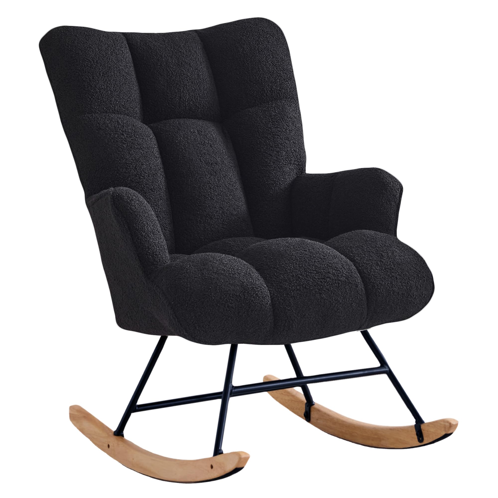 Zedachica Rocking Chair Nursery Teddy Upholstered Glider Rocker Rocking Accent Chair Padded Seat with High Backrest Armchair Comfy Side Chair for Living Room Bedroom Offices (Black Teddy)