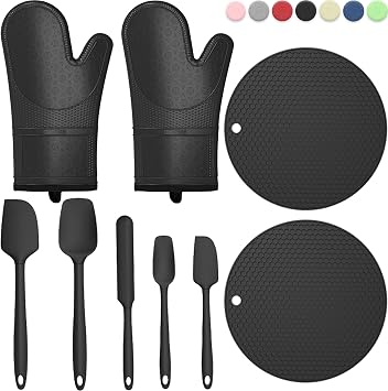 Oven Mitts with Heat-Resistant Hot Pads and Five Silicone Spatulas Designed for Kitchen Baking Cooking, Oven Glove Soft Cotton Lining, Waterproof, BPA-Free Black