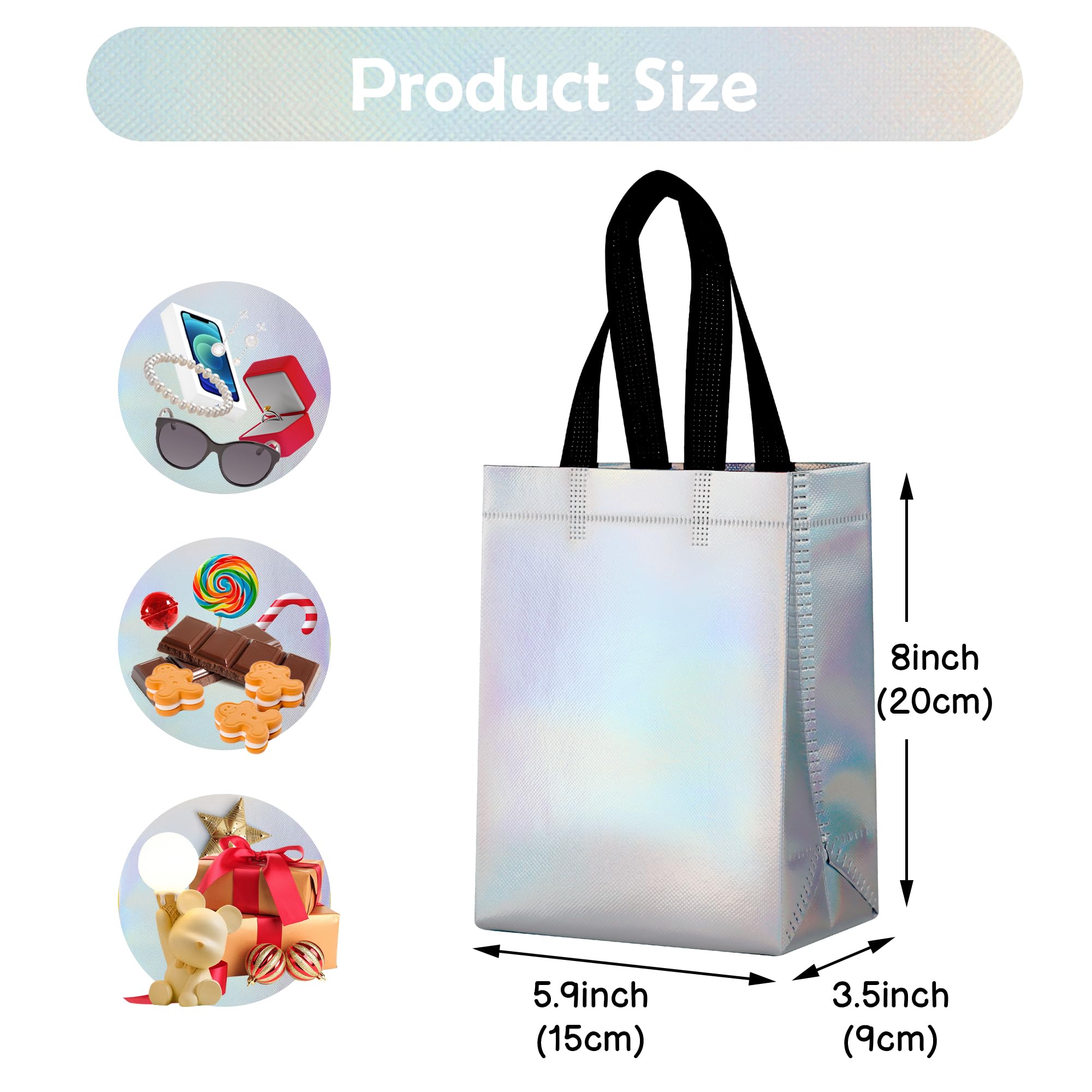 JCBZAMZ 25 Pack Iridescent Reusable Gift Bags with Handles Bulk, Holographic Rainbow Small Gift Bag for Women Kids, Eco-Friendly Non-Woven Party Favor Goodie Bags for Birthday, Valentine, Baby Shower, Wedding Treats