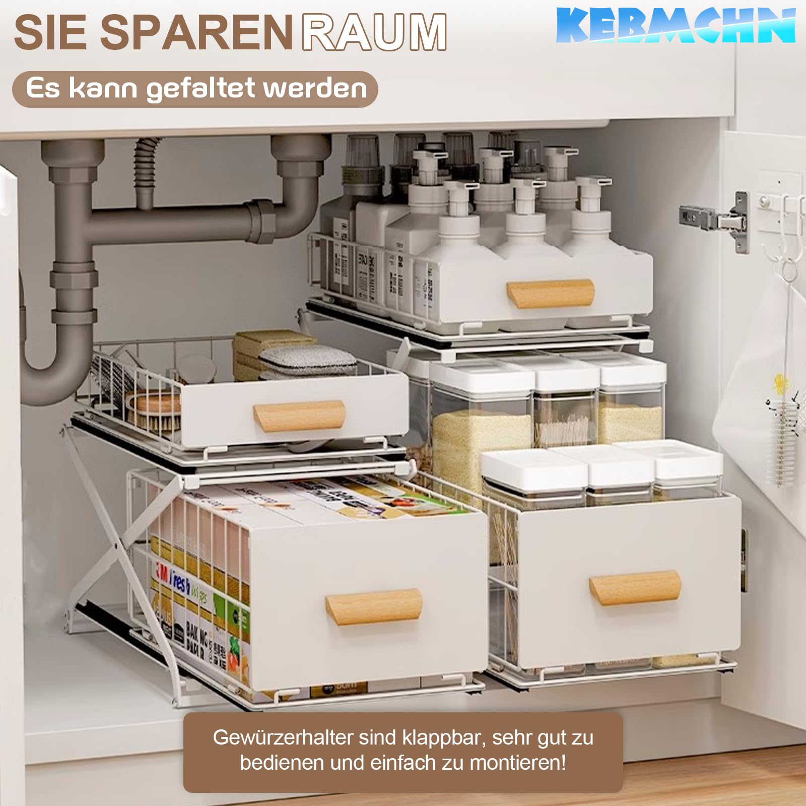 2 Etagen Gewürzaufbewahrung, Schubladen unter dem Waschbecken, Weiß | Metall Gewürzregal, Anhebbares Schrank Organizer küche, Putzmittel Organizer, Höhenverstellbar, 40 * 26 * 43CM,1 Stück