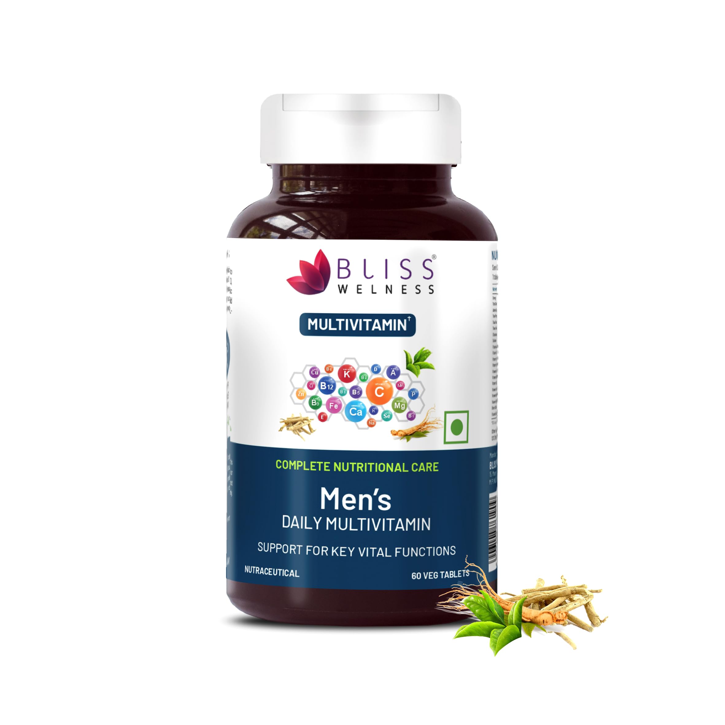 Bliss Welness Men's Daily Multivitamin With Vitamin A, C, D, E, K, B1, B2,B3, B12, L Arginine, Amino Acid Blends, Ashwagandha & Ginseng Extract For Immunity, Joint, Stamina & Recovery- 60 Tablets