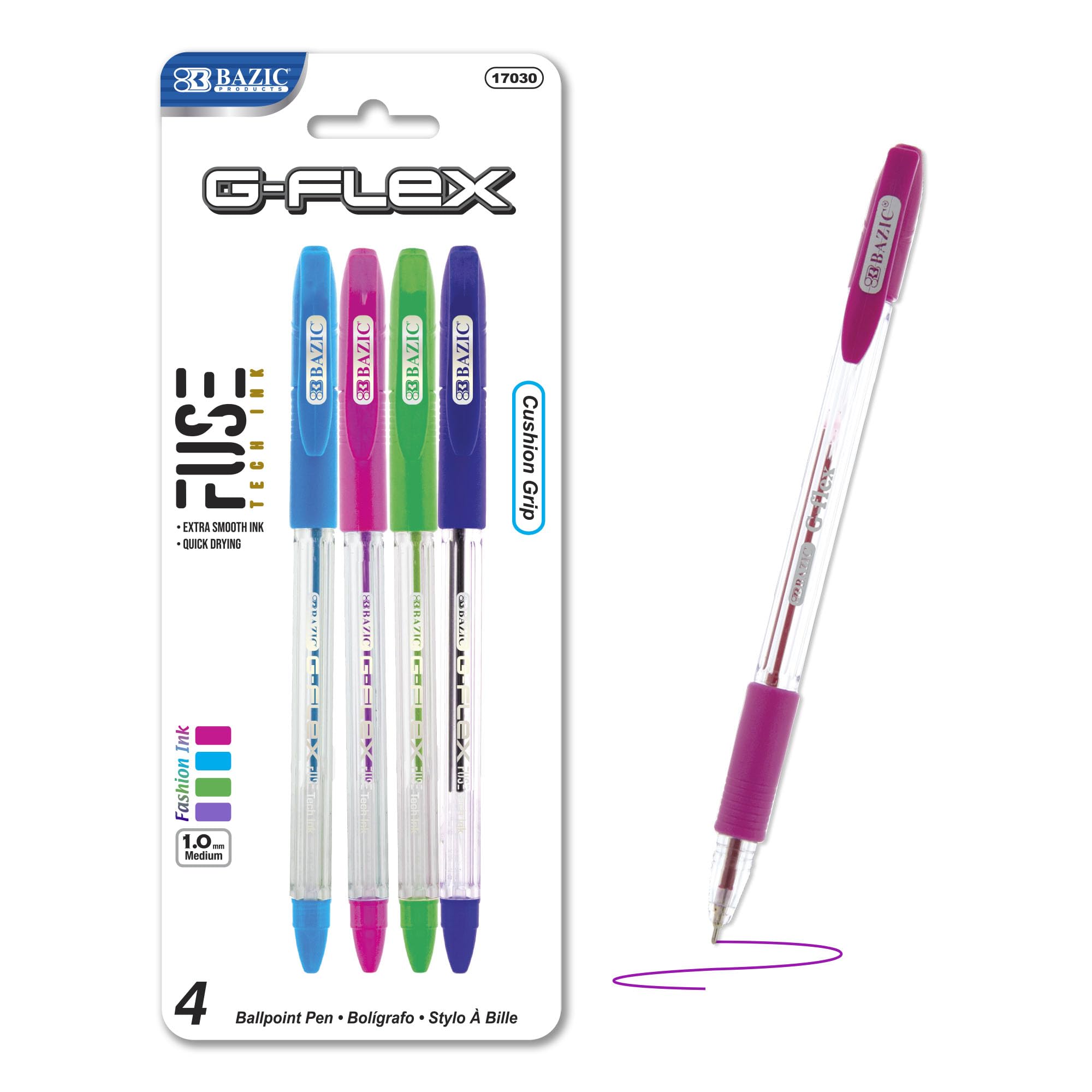 BAZIC G-Flex Dazzle Oil-Gel Ink Pen with Cushion Grip 4 per Pack (17030-24P)