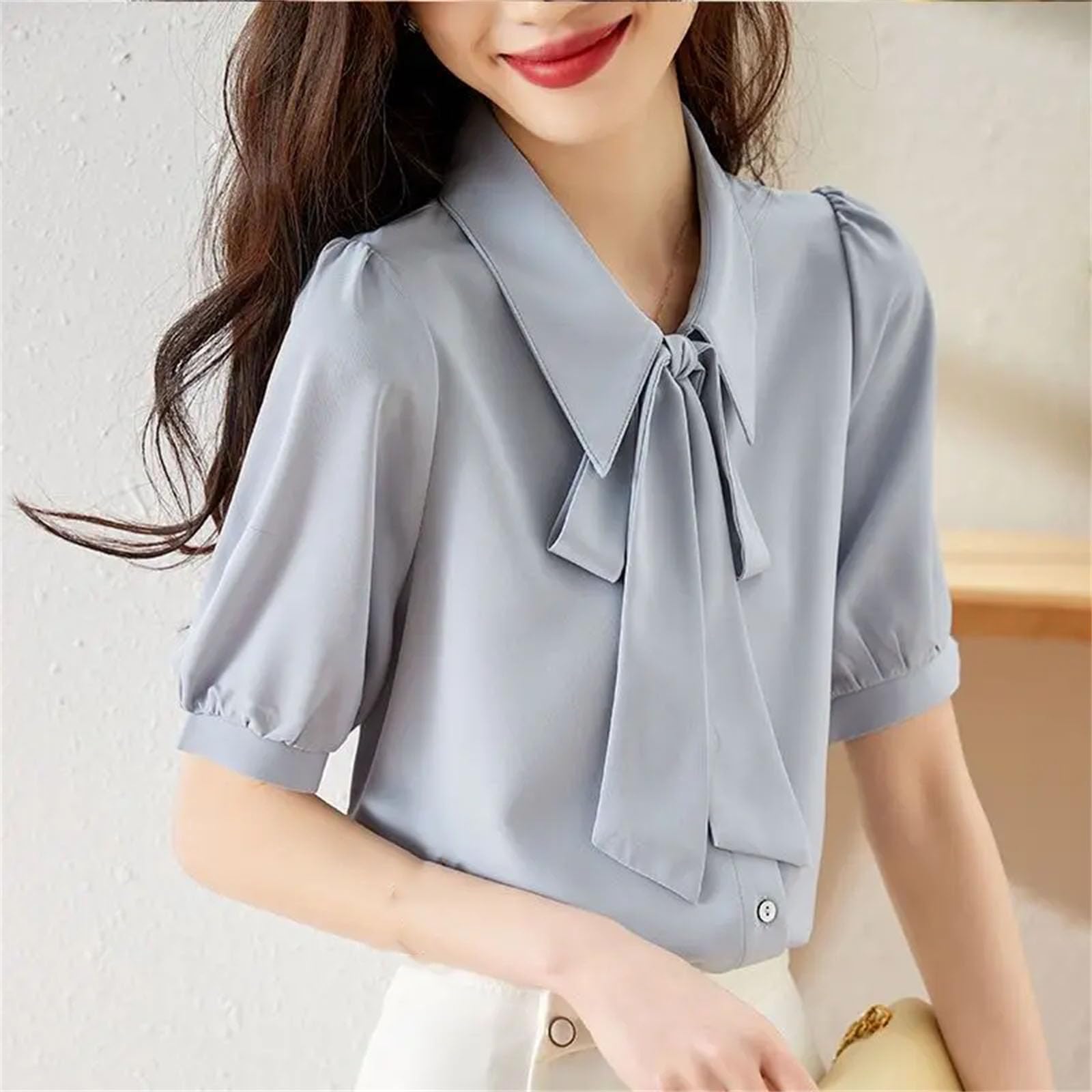 Camicetta patchwork con fiocco in chiffon bianco manica corta sciolto solido camicia da ufficio top abbigliamento casual da donna