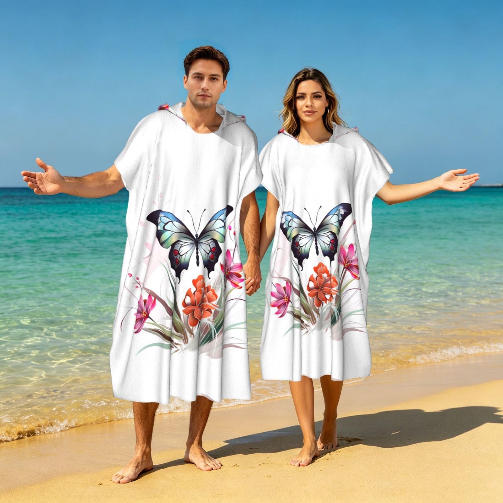 Strandtuch mit Kapuze und Schmetterlings-Aufdruck, Poncho für Erwachsene, Mikrofaser, Wickelmantel, Bademantel, Sommer, Strandtuch