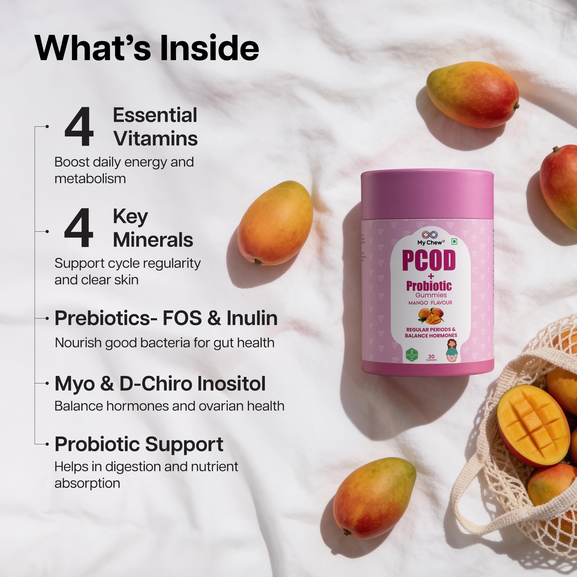 My Chew Probiotic PCOD Gummies,1 Billion CFU Clinically Proven, Inositol Supplement for Hormonal Balance & Fertility Support, With Myo-Inositol, D-Chiro Inositol, Folic Acid, B-Complex,30 Gummies — Amazon image 6
