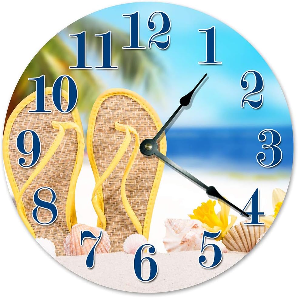 Sandals in The Sand Unique Clock Large 10.5" Wall Clock Decorative Round Wall Clock Home Decor FLIP Flops ON Beach