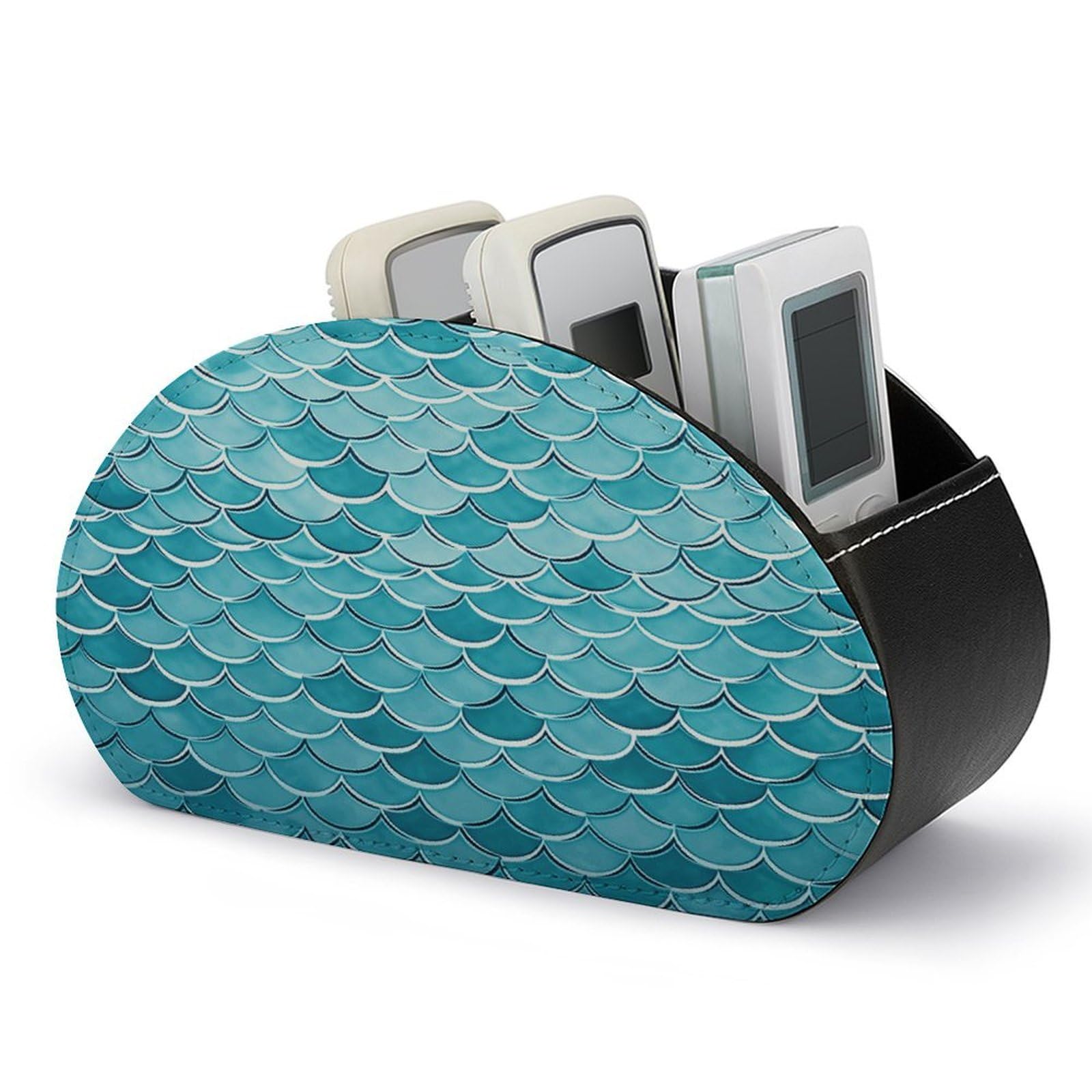 VstaDank Blue Waves Squama Mermaid Scale Remote Control Holder with 5 Compartments PU Leather TV Remoter Caddy Desktop Organizer TV Remote Holder Remote Box for Media Controllers Office Supplies