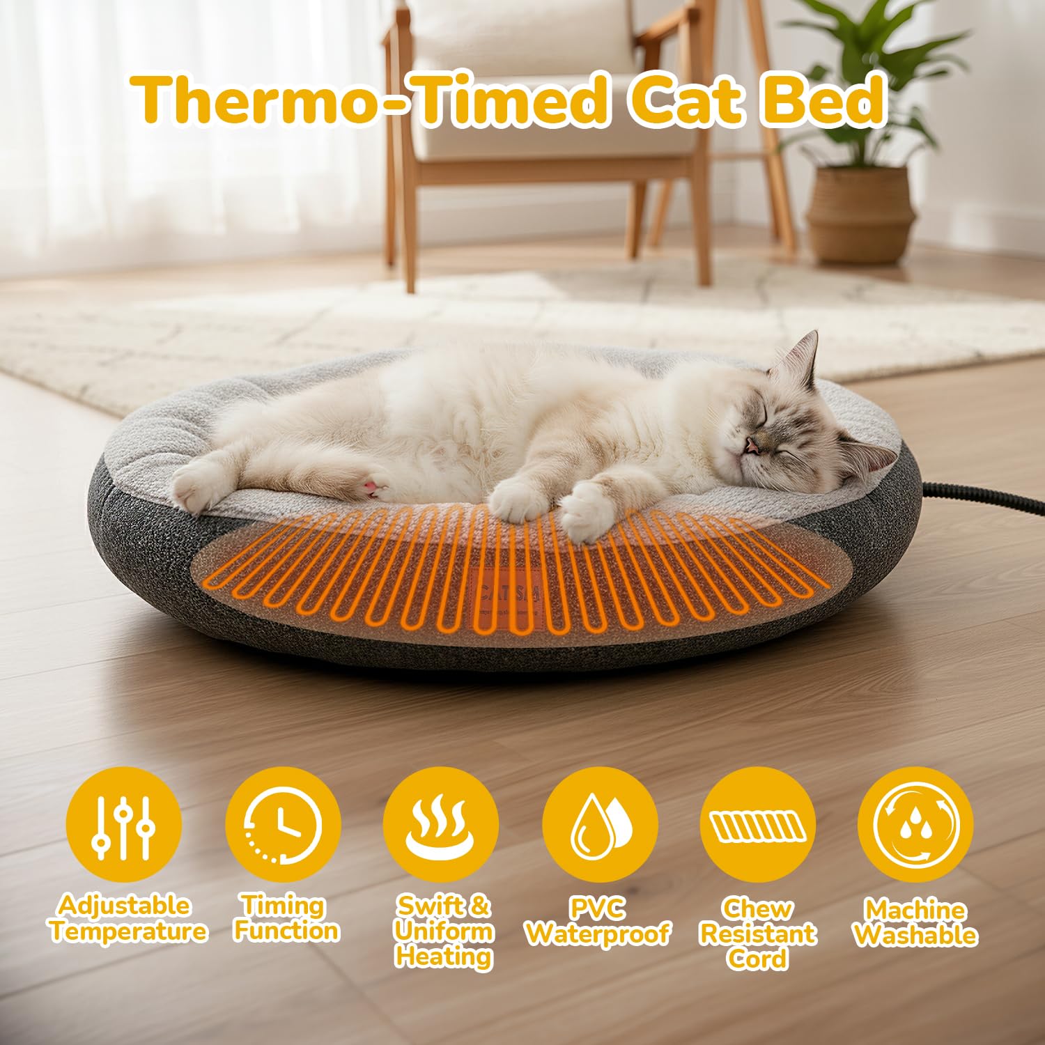 CATISM Verwarmd kattenbed, verwarmingsmat, verwarmingsdeken, kattenkussen, verwarmingsligstoel, kattenhol, timing en temperatuur instelbaar, veilig, elektrisch huisdier, kattenmand voor katten, 48 x