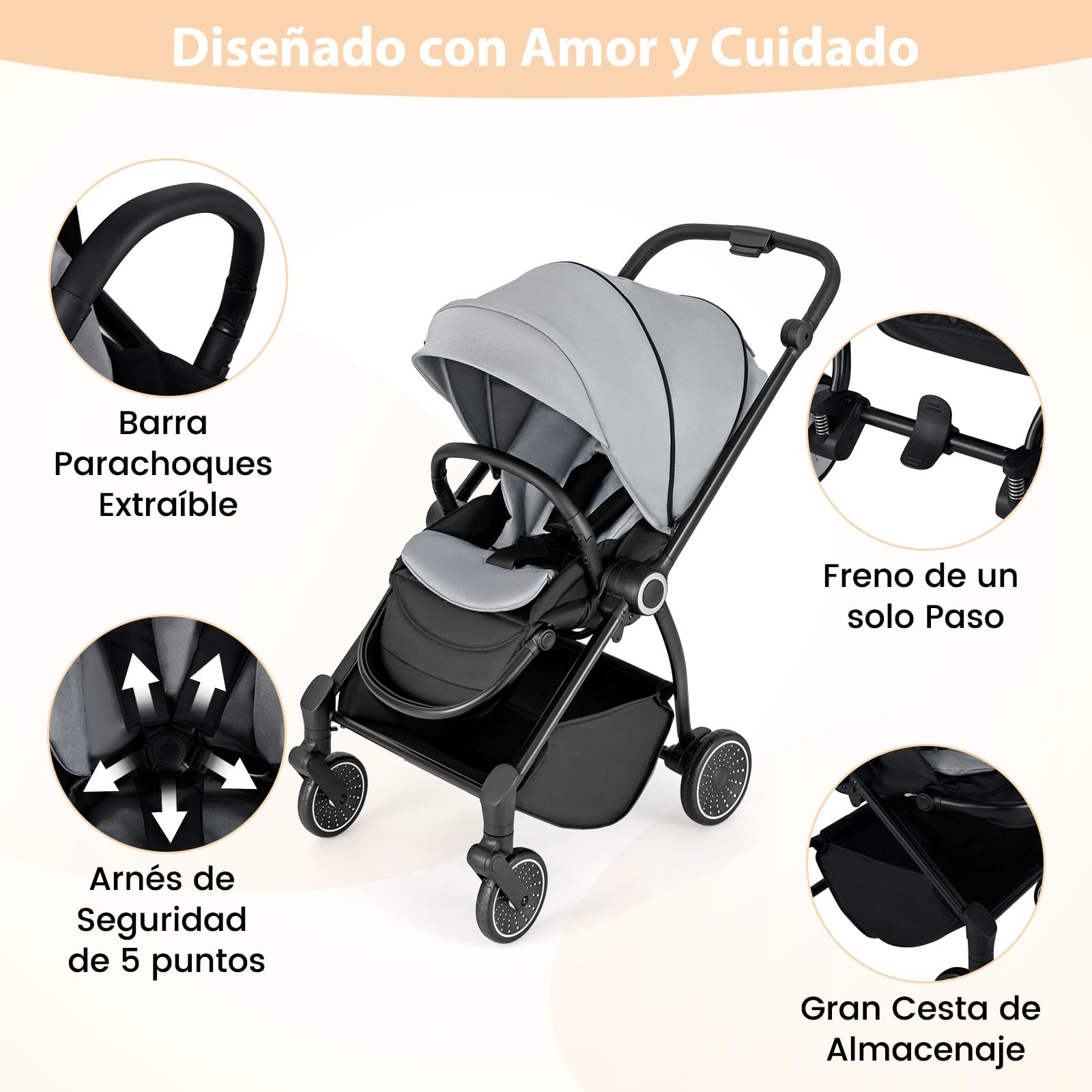 COSTWAY Silla de Paseo con Asiento Reversible, Carrito Bebe Plegable con Respaldo Reclinable, Toldo Ajustable, Asa y Reposapiés, Coche Infantil de Aluminio con Cesta y Ruedas con Suspensión (Gris)
