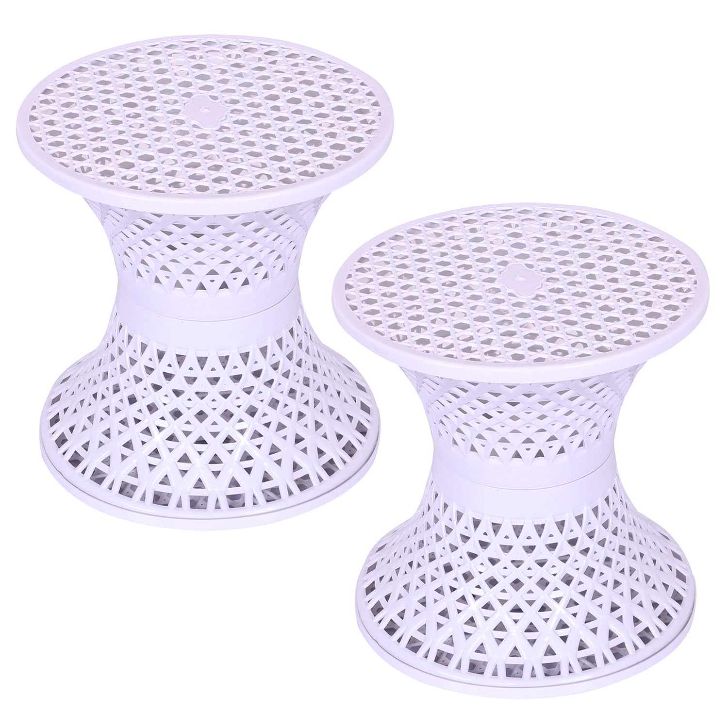 Kuber Industries Seating Stool | Plastic Mesh Damroo Stool | Both Sided Stool for Guestroom | Damroo Style Stool | Stool for Graden | Stool for Balcony | Pack of 2 | White