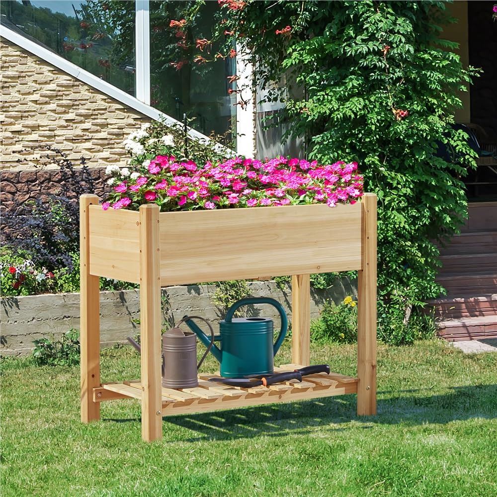 Yaheetech Carré Potager sur Pied en Bois avec Plateau Intérieur Extérieur Structure Ergonomique Trous de Drainage pour Balcon/Jardin