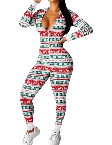 Ekouaer Christmas Onesie Women Sexy Pajamas Zipper Halloween Onepiece Bodycon Outfit Jumpsuit Costume S-XXL - Small - Christmas Snowflake Elk