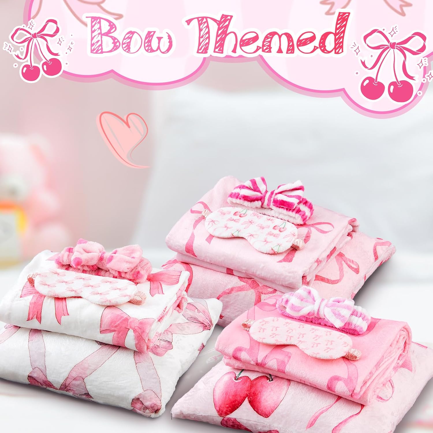 30 Pcs Sleepover Party Supplies for Girls, 6 Different Style Pink Bow Blanket 6 Coral Fleece Spa Headband 6 Pillowcase with Pillow Insert 6 Plush Eye Mask Covers, Sleeping Slumber Party Gift