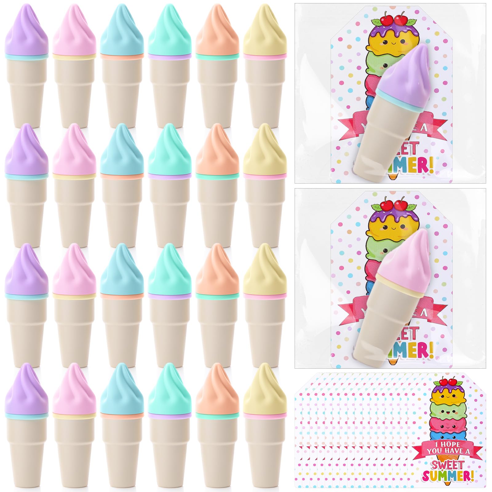 Gueevin 24 juegos de recompensas de regalos de fin de año, resaltadores de helado a granel con tarjetas y bolsas, juego de resaltadores en forma de helado, bonitos marcadores pastel estacionarios para