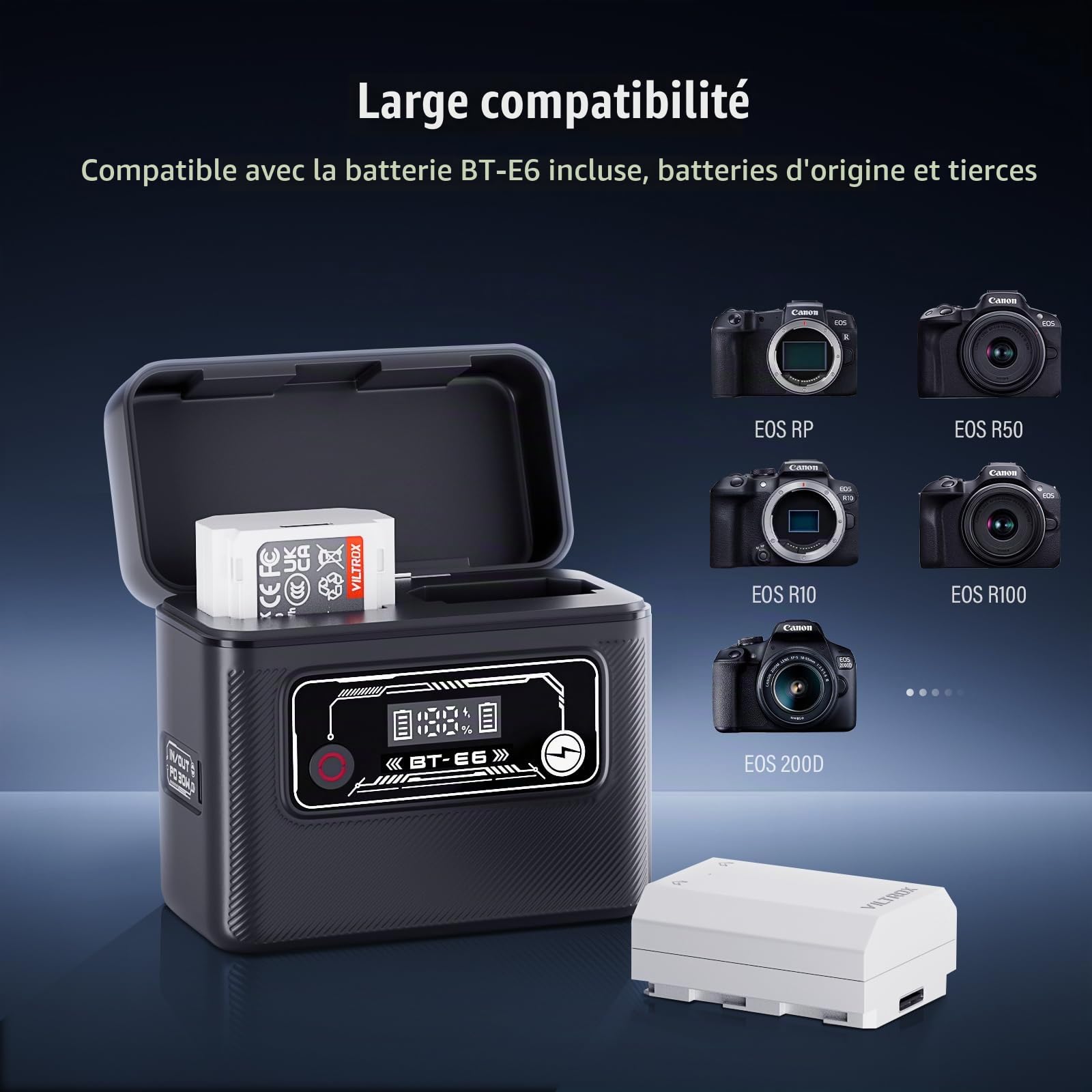 Soonpho BT-E6 Mobile Boîtier de Chargement de Batterie pour Canon LP-E6 Camera Battery Charging Case pour Canon 5D Markll 5DS 5DSR 6DMarkll 6D 7DMarkll 7D EOS60D 60DA 70D 80D 90D EOS-R EOS R5 R6
