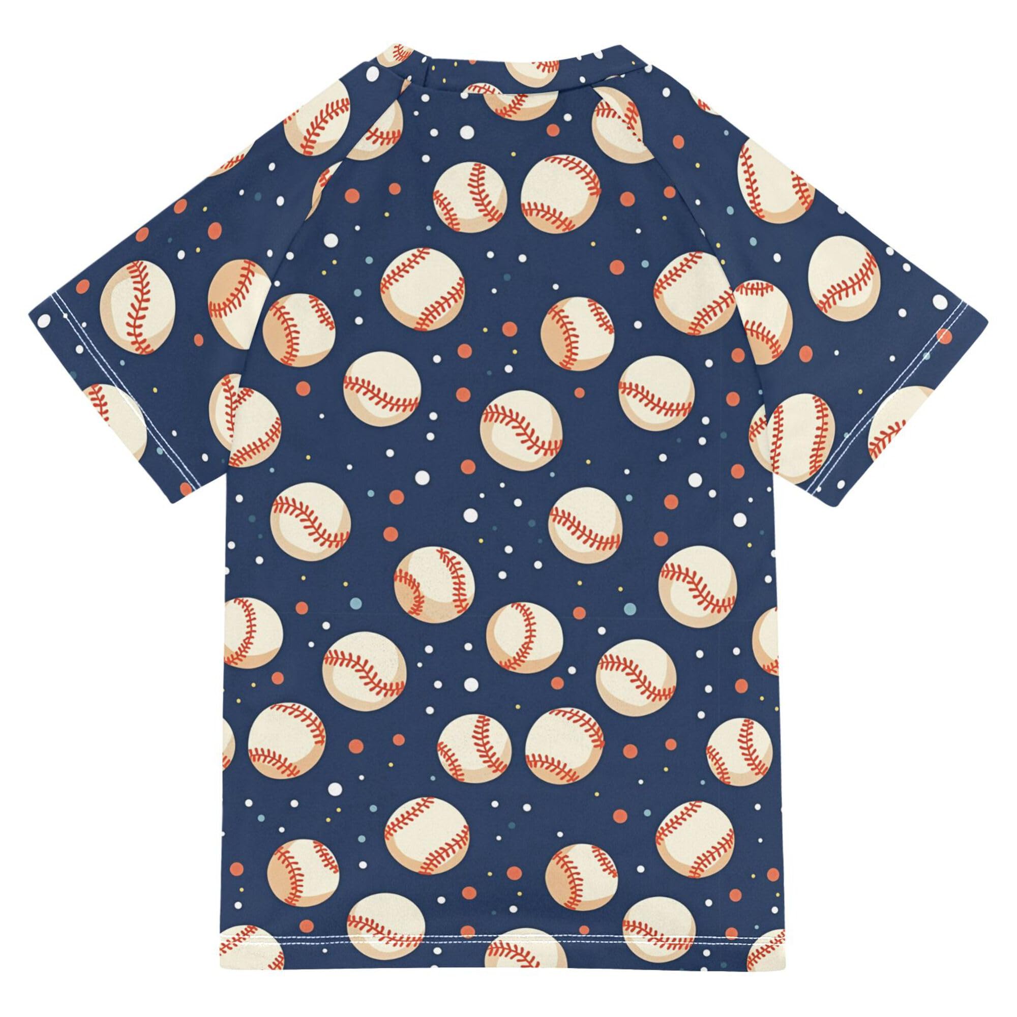 Cartoon Baseballs Dots Dark Blue Girls Bathing Suit UV Protection Girls Rash Guard Top Swimwears Tshirts for Teen Boys 11-12Y