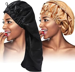 2PCS Satin Hair Braid Bonnet,Foldable Extra Long Bonnet for Braids with Button,Single Layer Sleep Cap,Soft Hair Sleeping B...