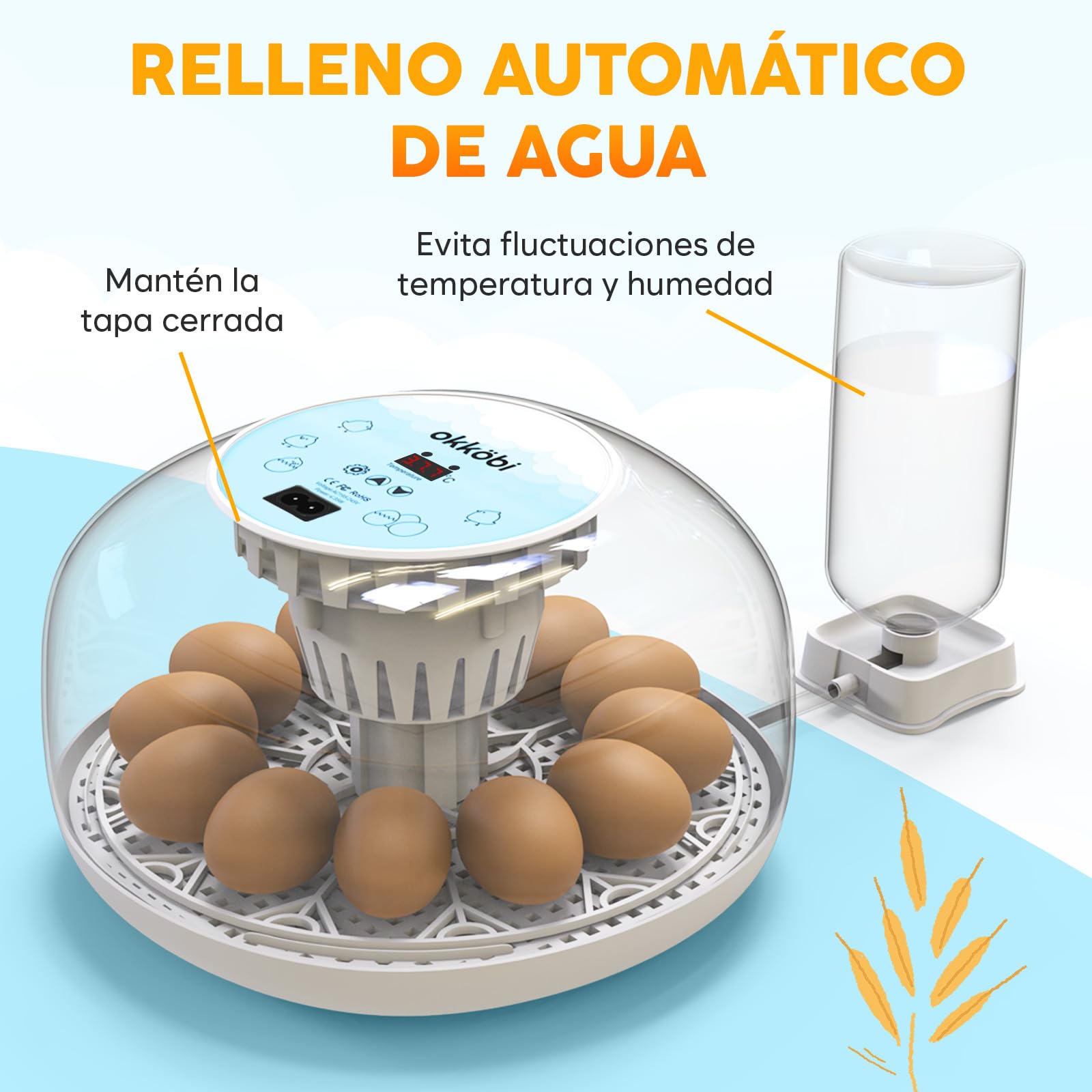 Okkobi M12 - Incubadora Huevos Gallina Automática - 12/24 huevos, Vista 360°, fácil de usar y limpiar - Volteo Automático y Control de Humedad - Chocadeira Ovos Automática