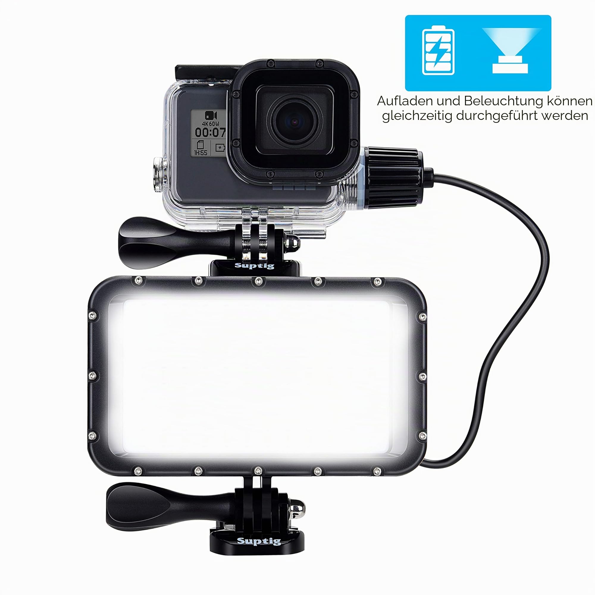 Suptig 60 LED-Videoleuchte mit 5200 mAh tragbarem Ladeakku, tragbare Beleuchtung, dimmbares Licht, kompatibel mit GoPro Hero 13 Hero 12/11/10/9/8/7/6/5/4/3/3+/2/Session/gopro max More Action cam