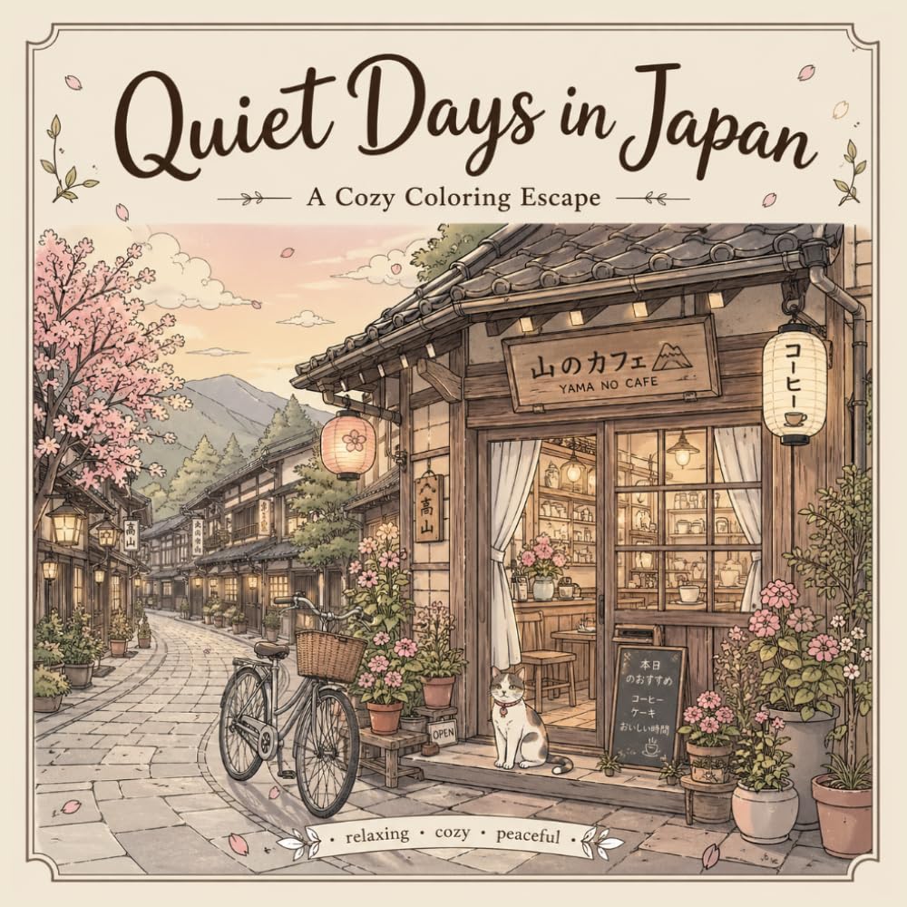 Quiet Days in Japan: A Cozy Coloring Book: Relaxing Japanese Coloring Book with Cozy Café, Nature, Seaside Scenes, Cute Cats, and Comforting Everyday Moments